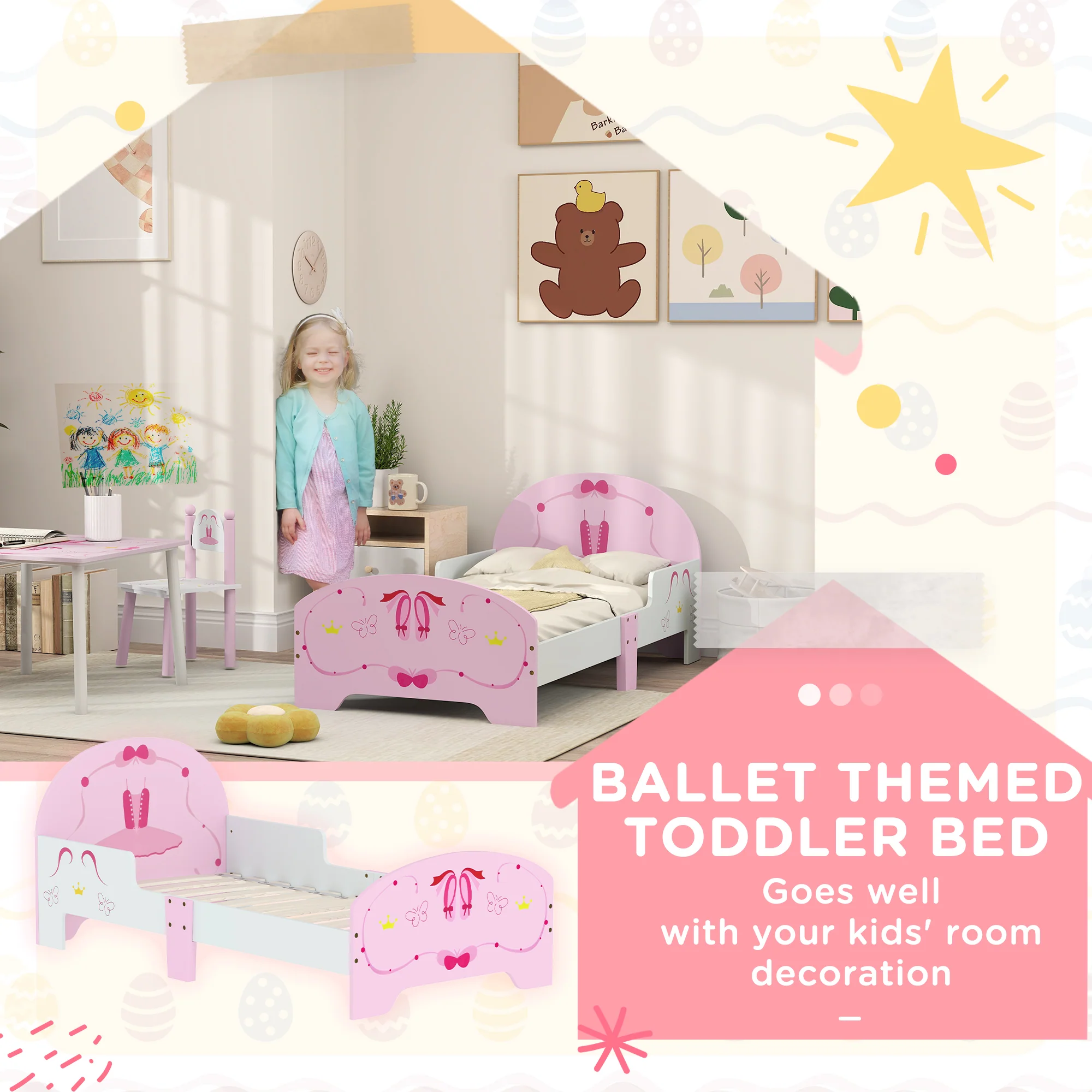 AIYAPLAY Ballet Theme Toddler Bed Frame With Safety Rails, For 3-6 Years - Image 6