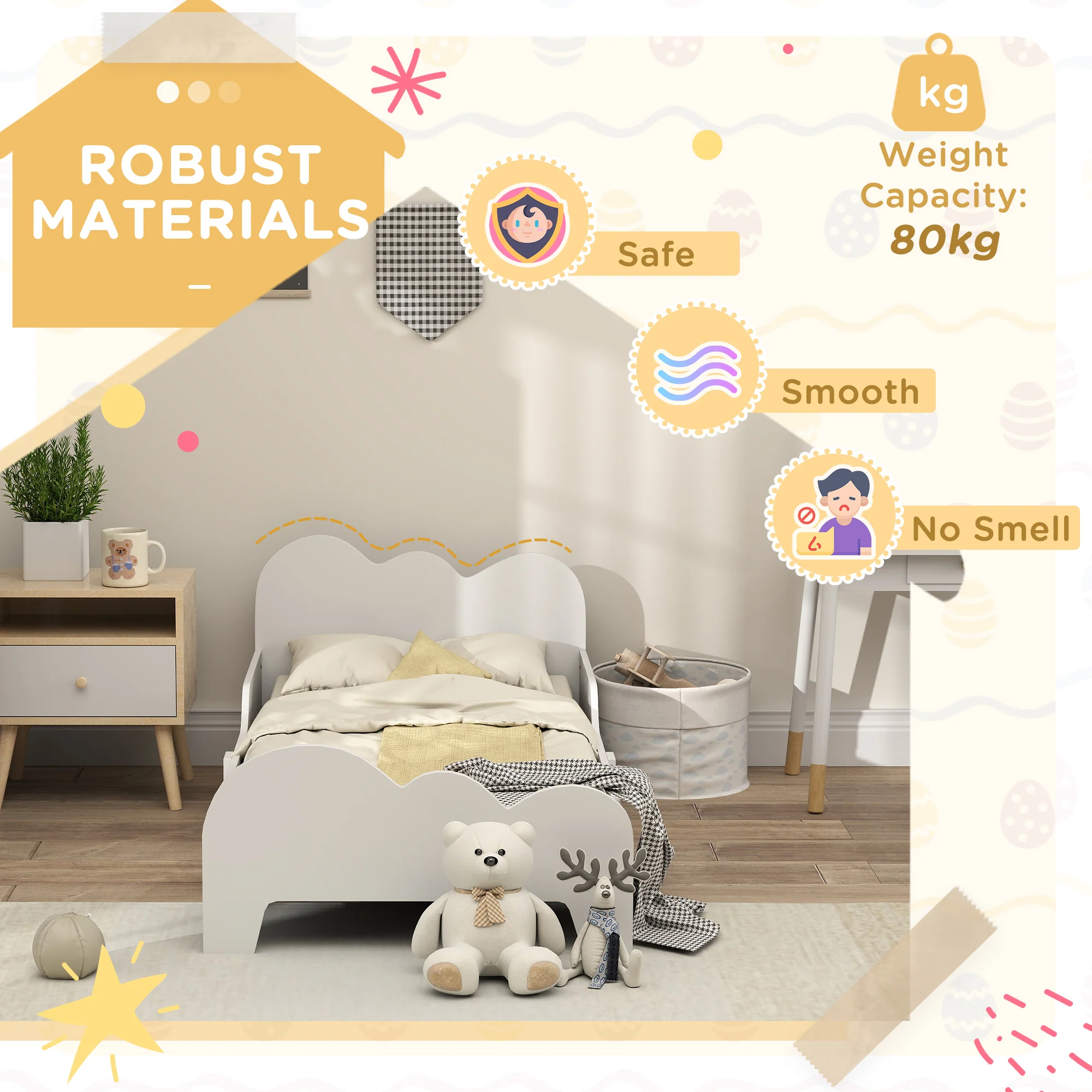 AIYAPLAY Cloud-Themed Toddler Bed with Safety Rails, 143.5 x 74.5 x 56cm - Image 4