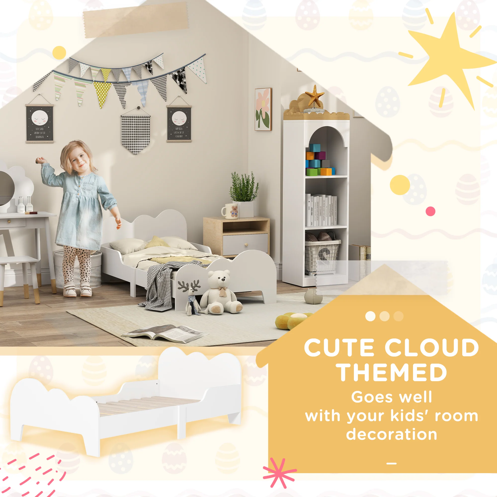 AIYAPLAY Cloud-Themed Toddler Bed with Safety Rails, 143.5 x 74.5 x 56cm - Image 6