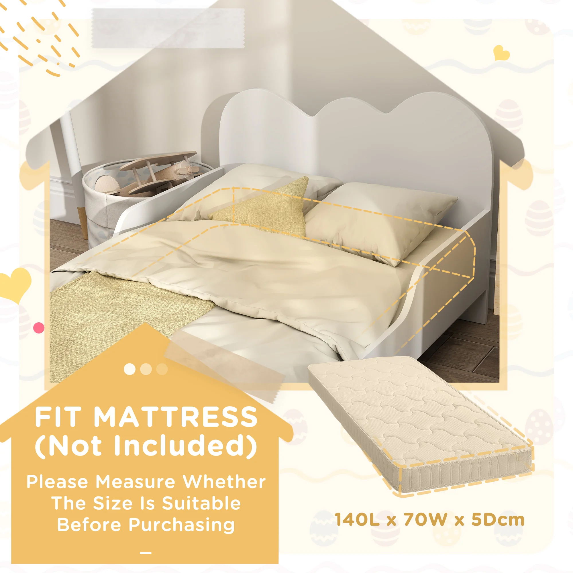 AIYAPLAY Cloud-Themed Toddler Bed with Safety Rails, 143.5 x 74.5 x 56cm - Image 7