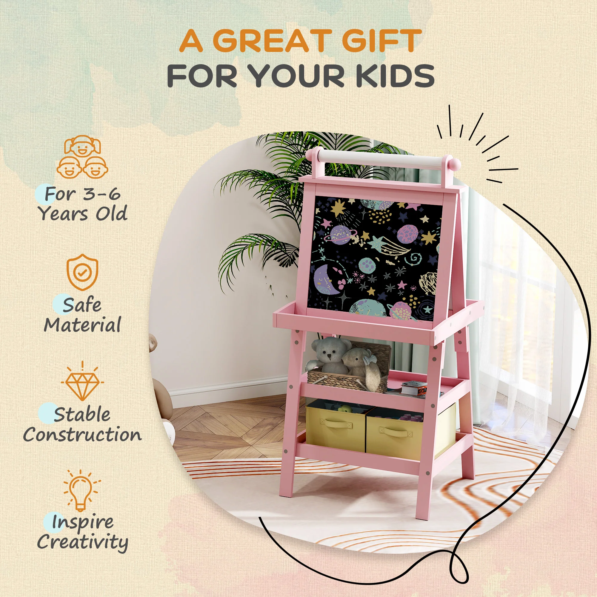 AIYAPLAY Double-Sided Art Easel For Kids W/ Paper Roll, Storage Baskets Pink - Image 6