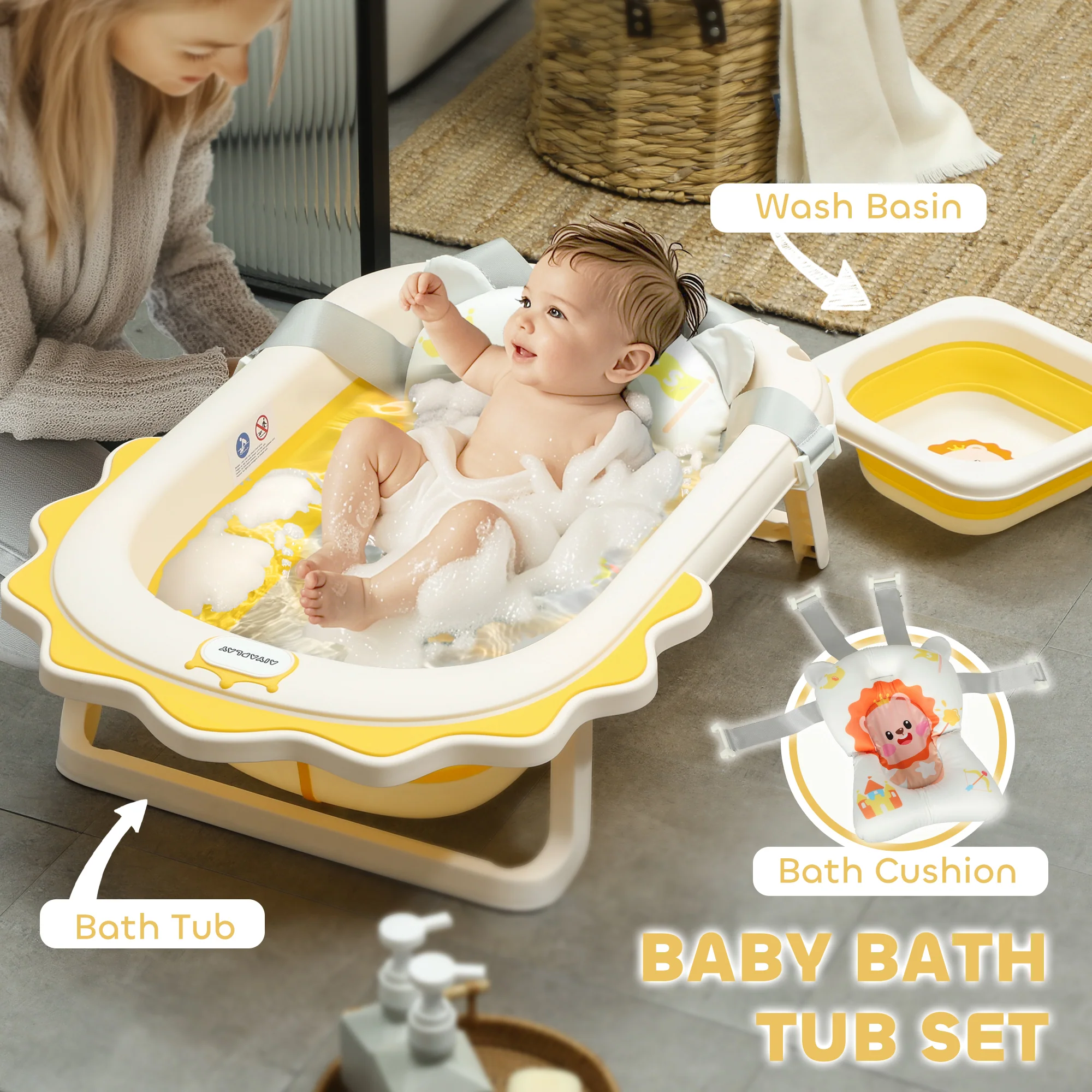AIYAPLAY Foldable Baby Bath Tub Set With Bath Cushion, Wash Basin, Yellow - Image 3
