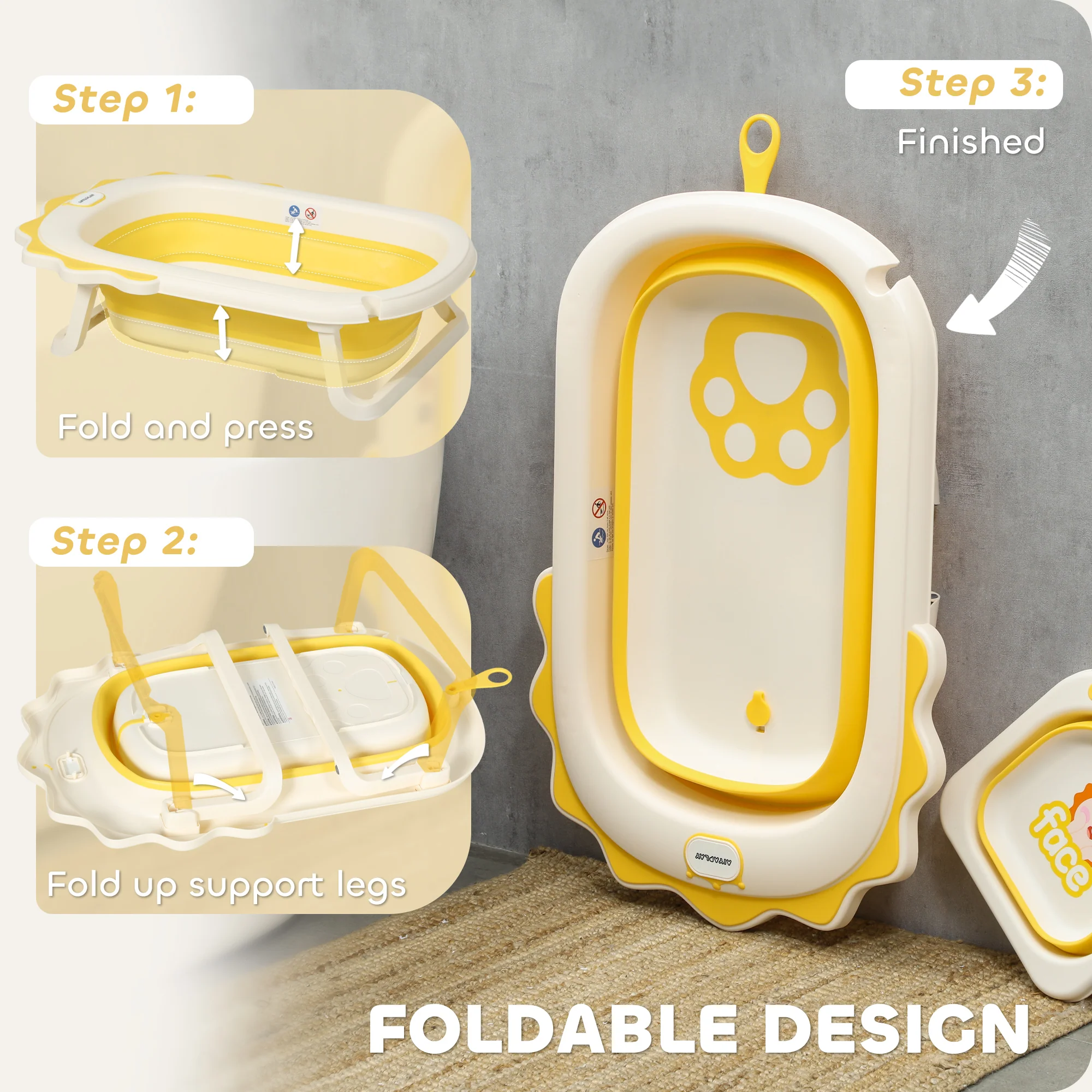 AIYAPLAY Foldable Baby Bath Tub Set With Bath Cushion, Wash Basin, Yellow - Image 4