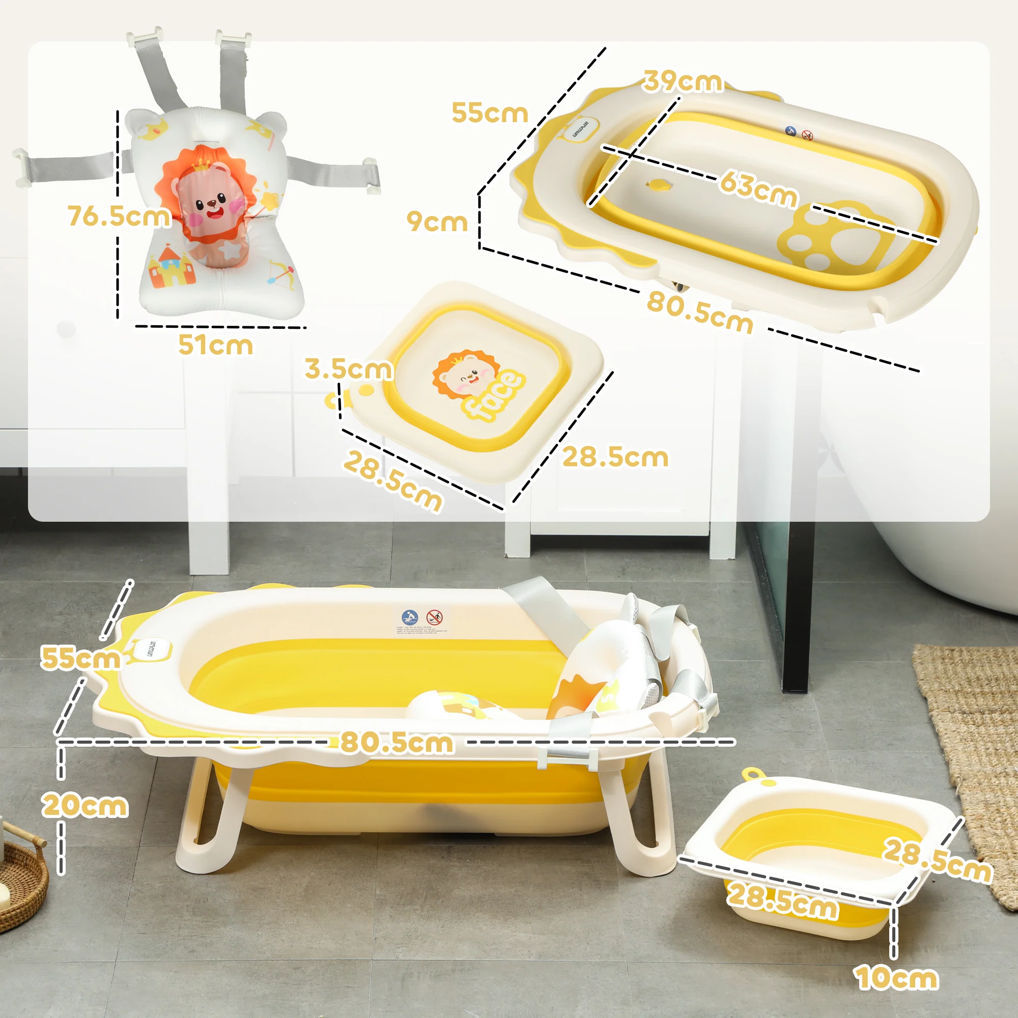 AIYAPLAY Foldable Baby Bath Tub Set With Bath Cushion, Wash Basin, Yellow - Image 5