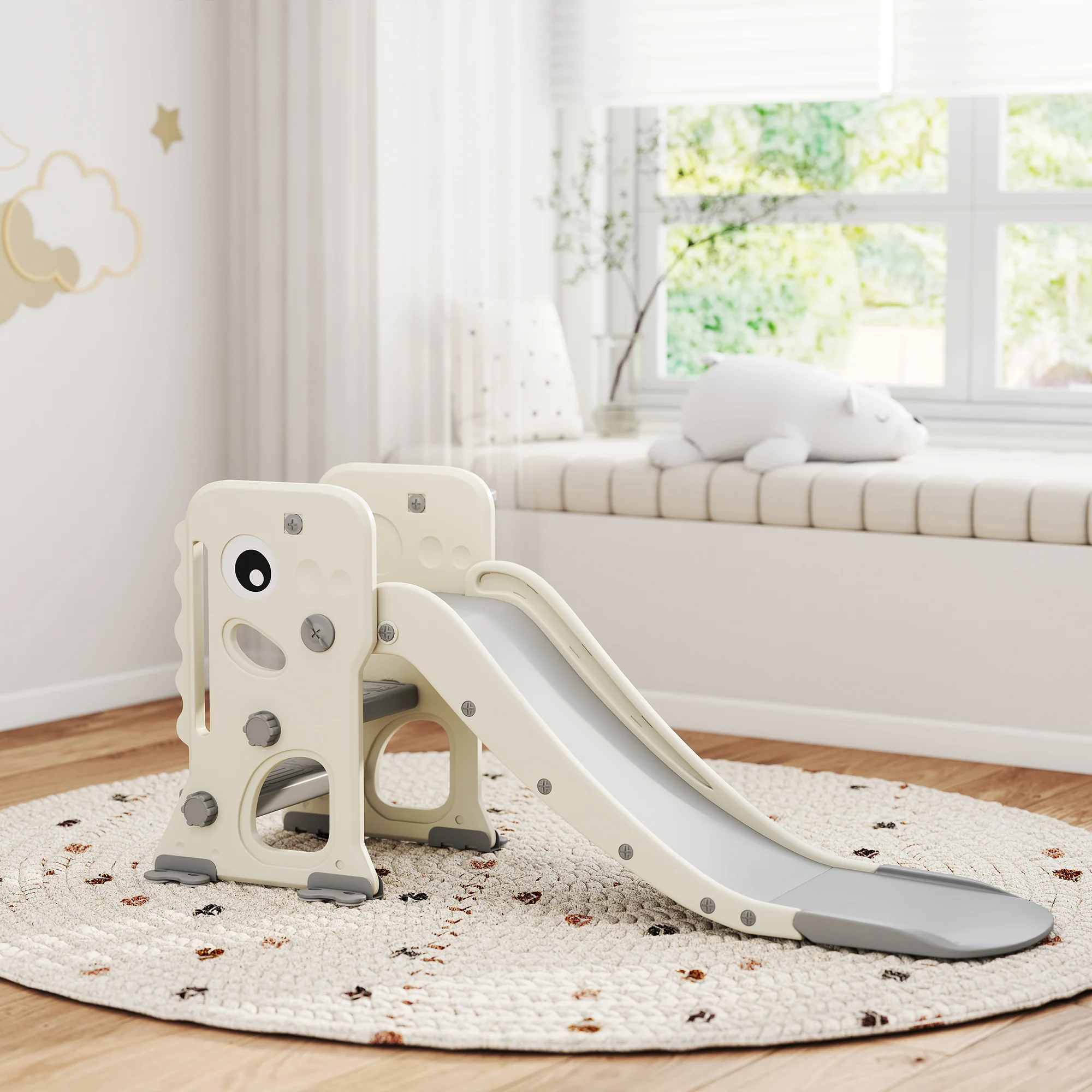 AIYAPLAY Foldable Kids Slide With Climber, Basketball Hoop, Cream White - Image 2