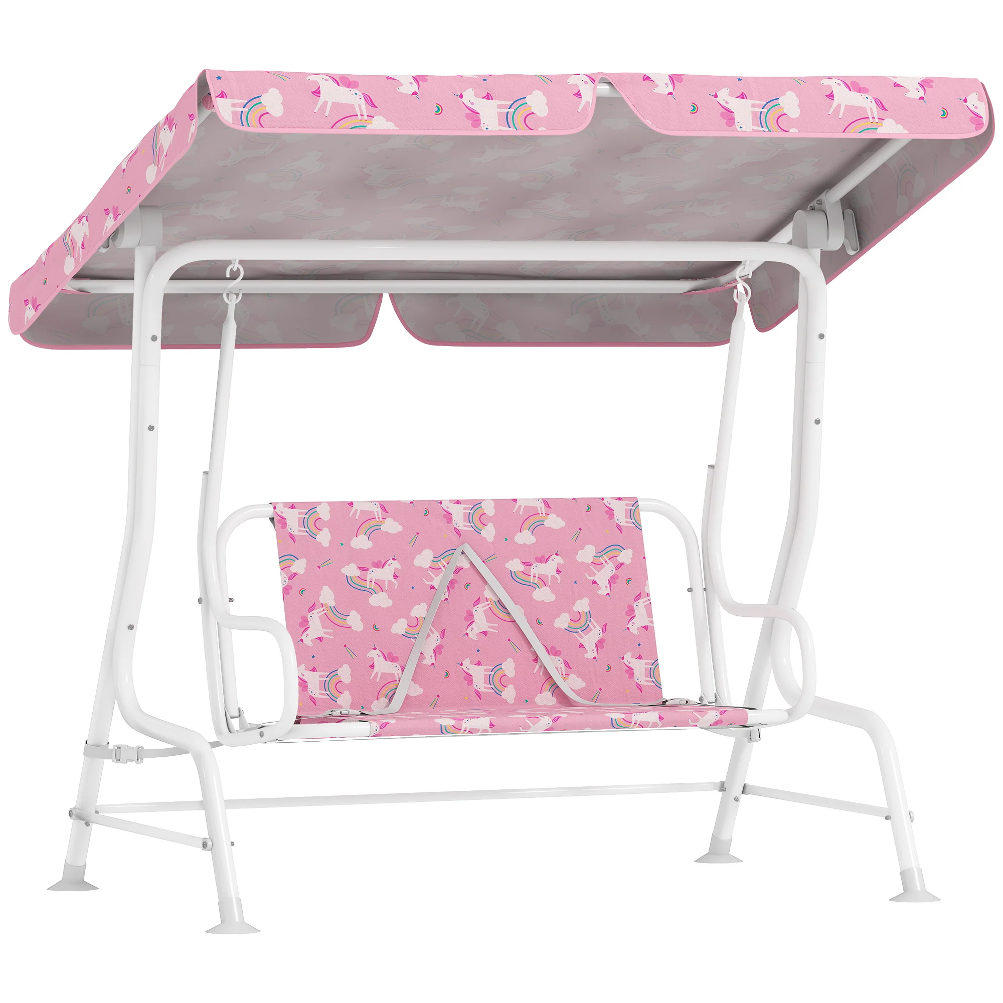 AIYAPLAY Kids 2-Seater Porch Swing with Seat Belts, Adjustable Canopy Pink