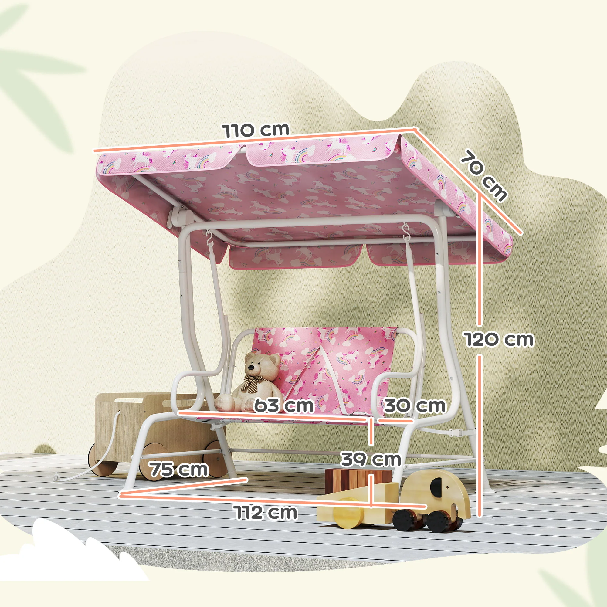 AIYAPLAY Kids 2-Seater Porch Swing with Seat Belts, Adjustable Canopy Pink - Image 5