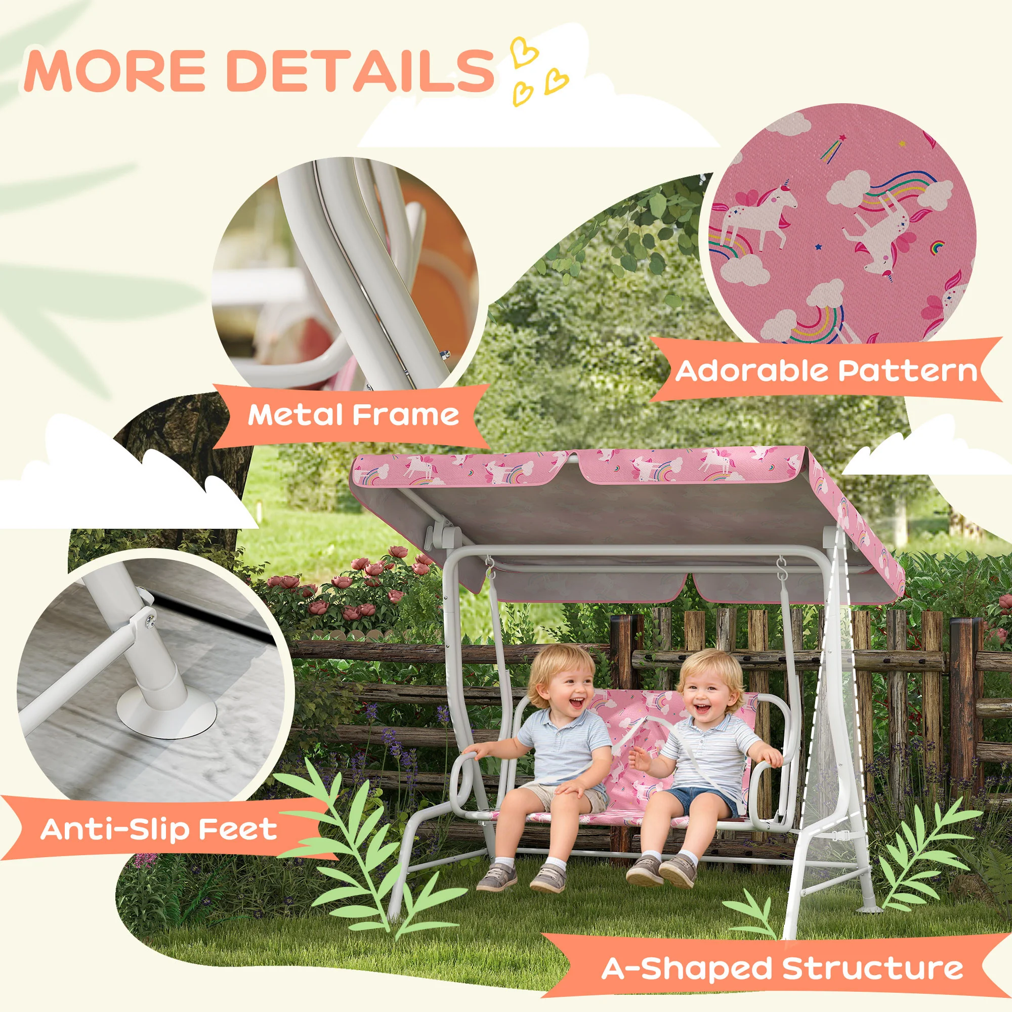AIYAPLAY Kids 2-Seater Porch Swing with Seat Belts, Adjustable Canopy Pink - Image 6