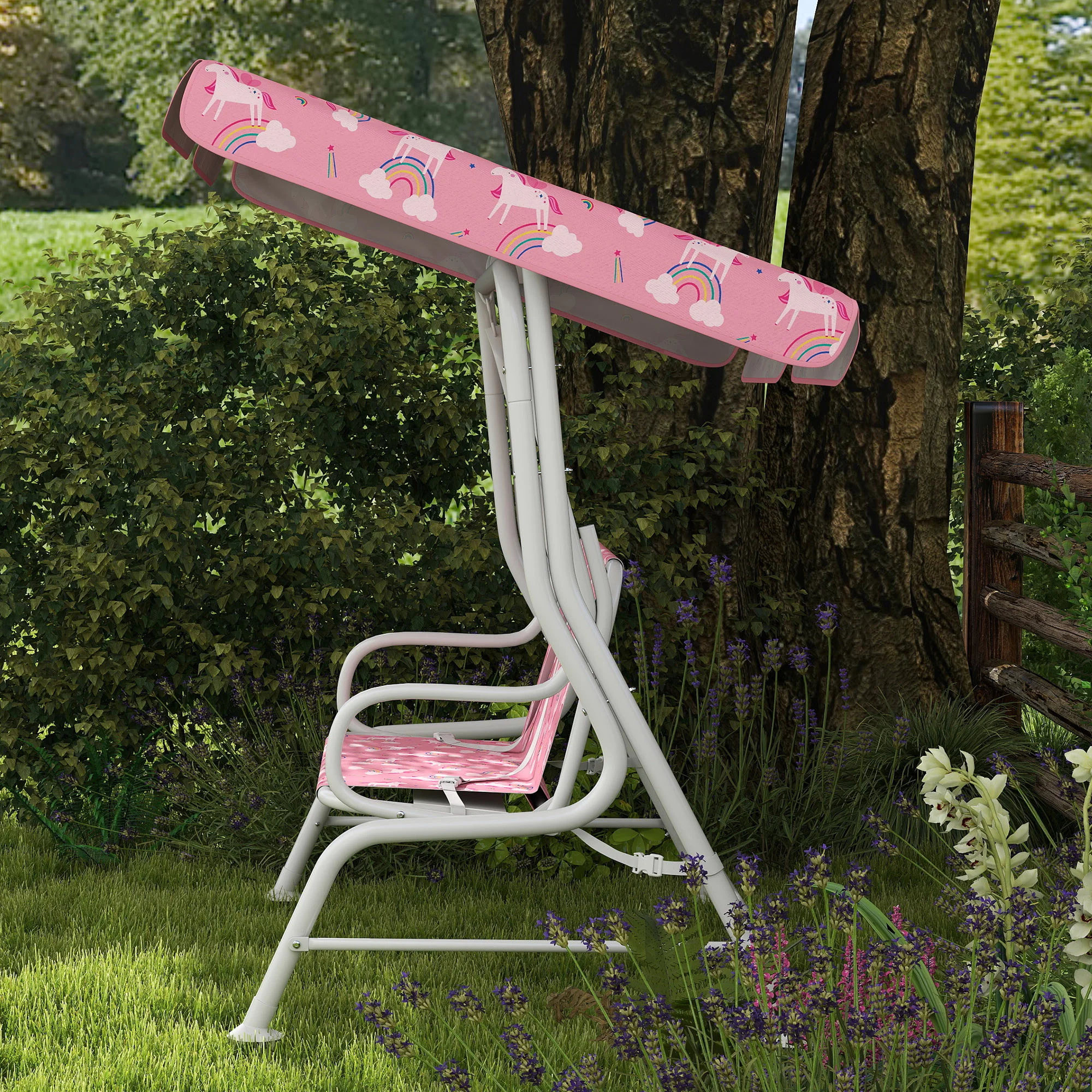 AIYAPLAY Kids 2-Seater Porch Swing with Seat Belts, Adjustable Canopy Pink - Image 9