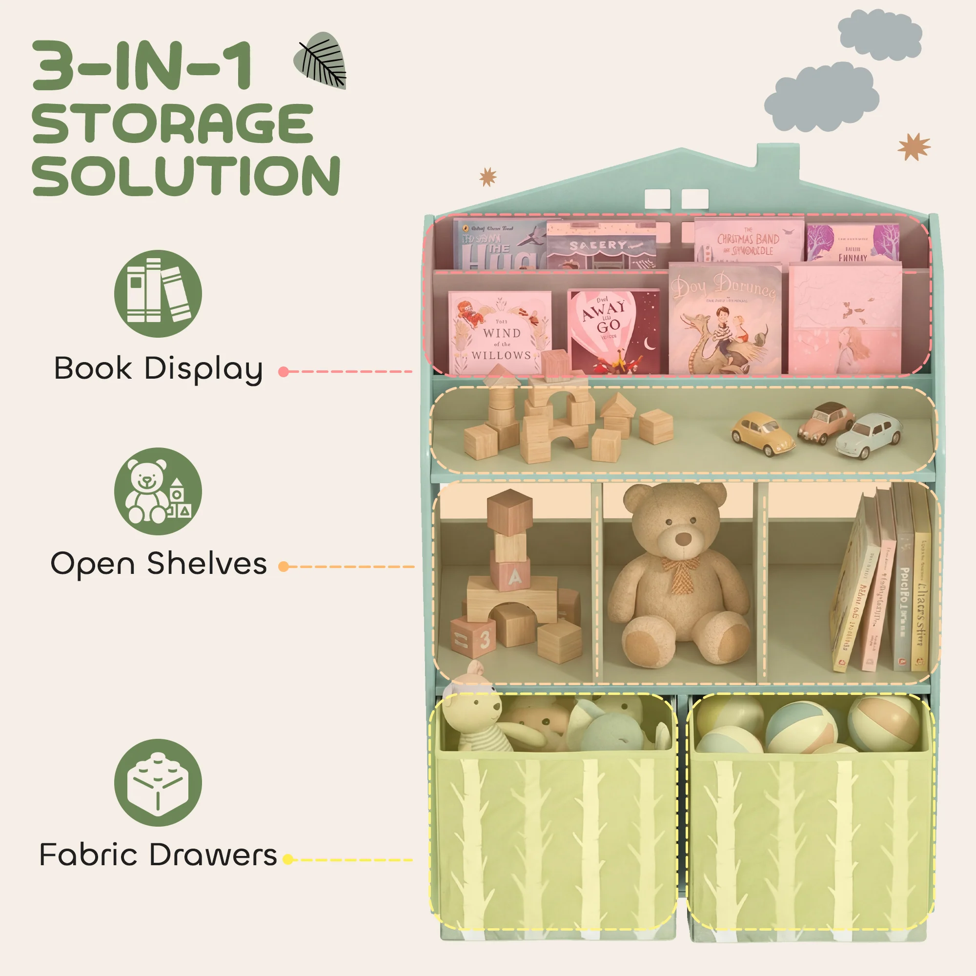 AIYAPLAY Kids Bookshelf with Storage, Toy Storage Unit for Playroom, Green - Image 3