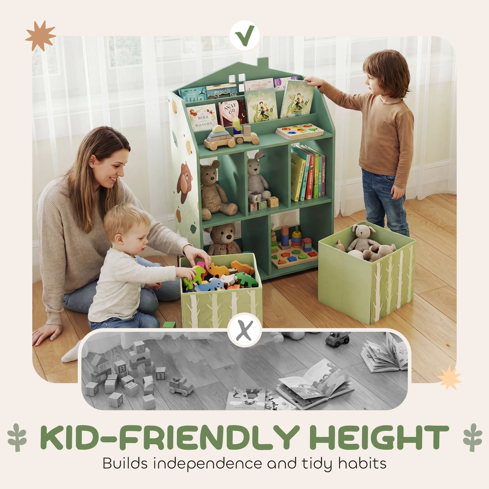 AIYAPLAY Kids Bookshelf with Storage, Toy Storage Unit for Playroom, Green - Image 4