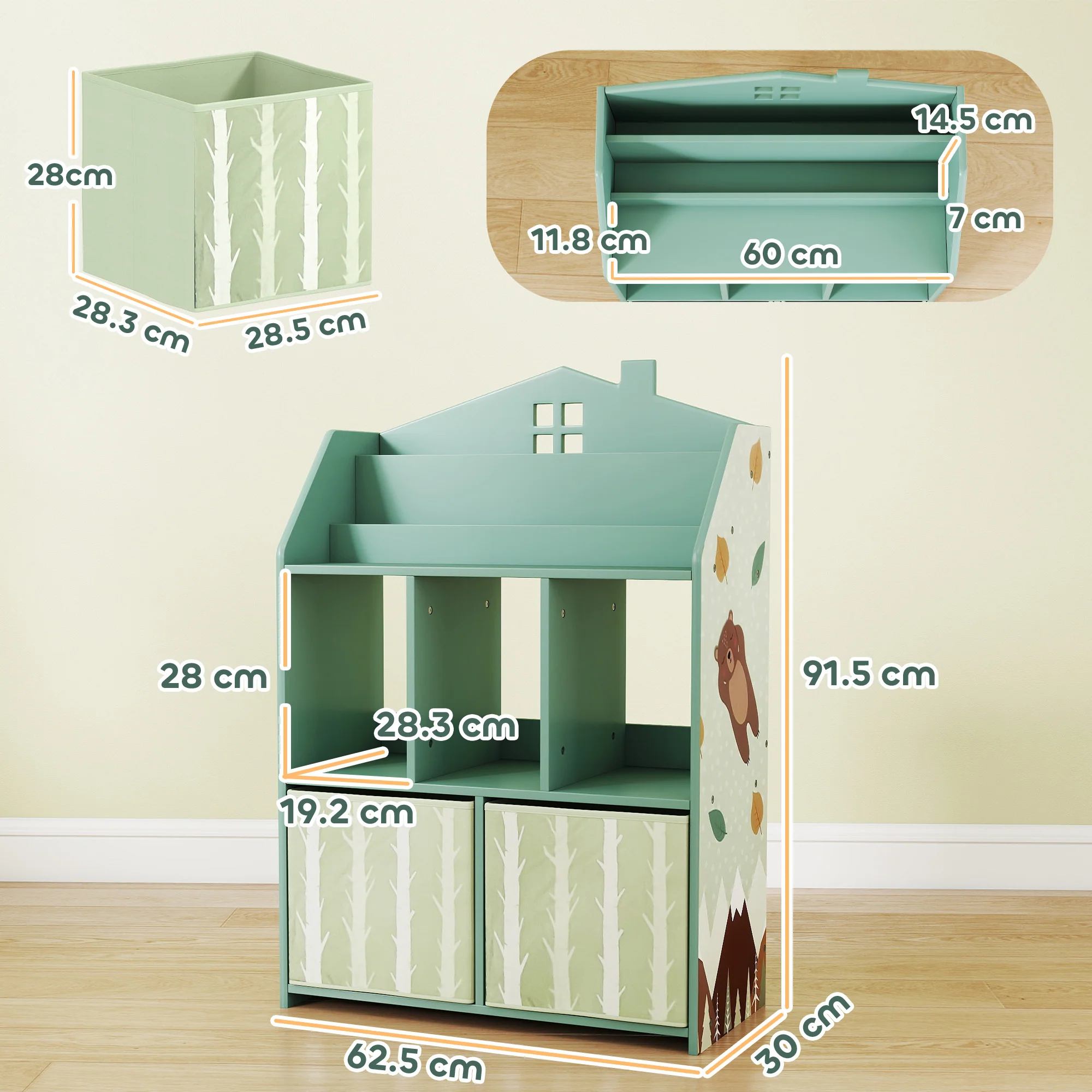 AIYAPLAY Kids Bookshelf with Storage, Toy Storage Unit for Playroom, Green - Image 5
