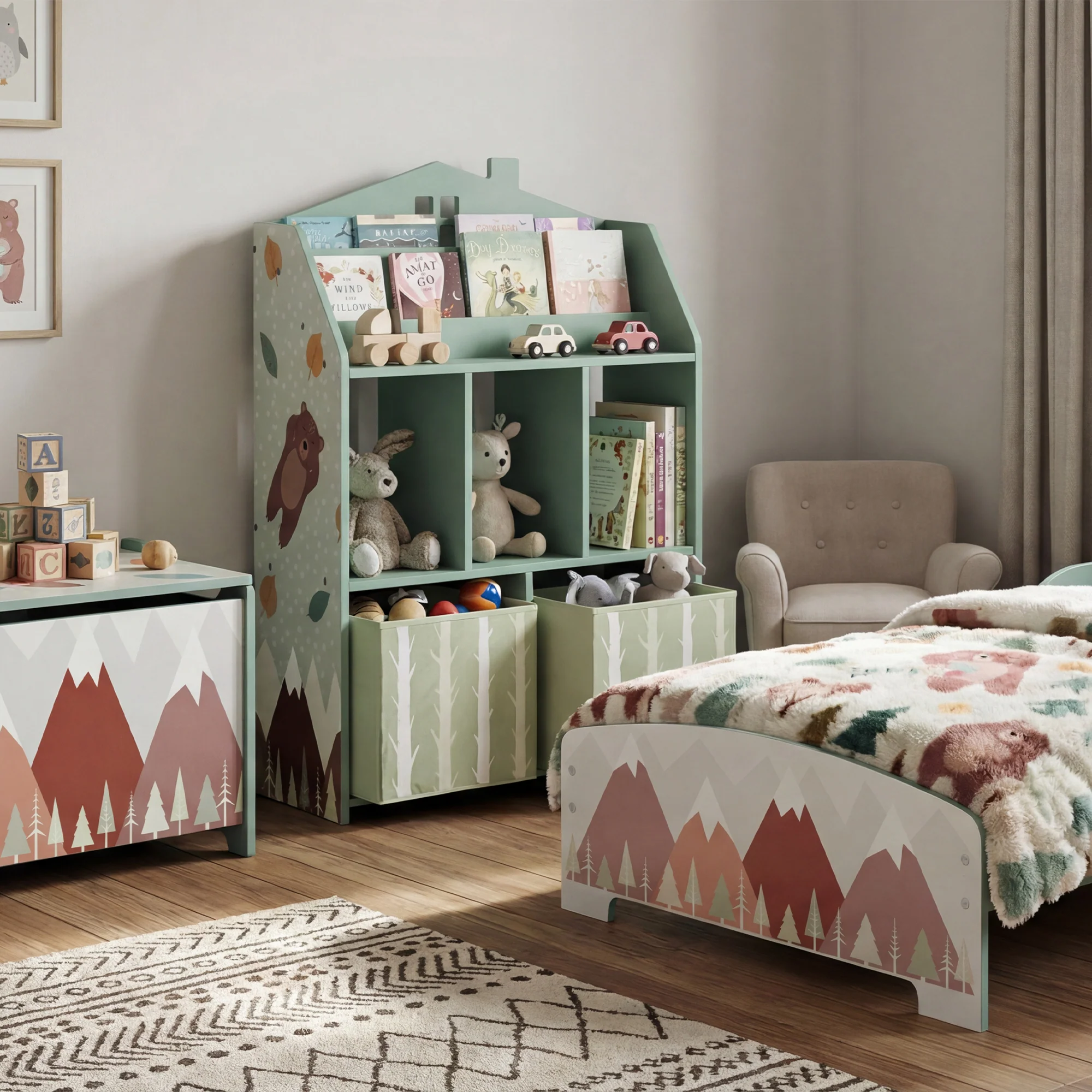 AIYAPLAY Kids Bookshelf with Storage, Toy Storage Unit for Playroom, Green - Image 9