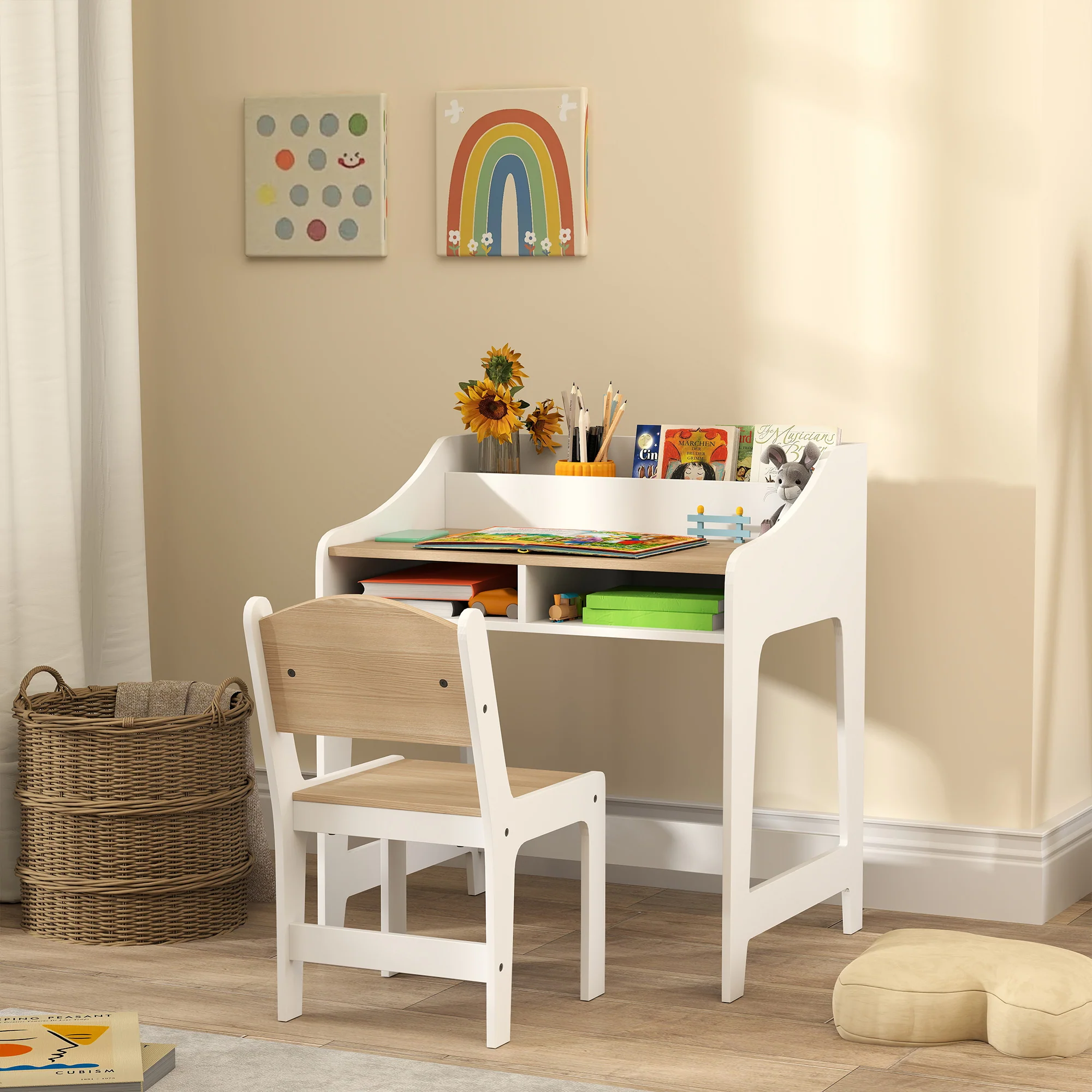 AIYAPLAY Kids Desk and Chair Set, Children Study Table with Storage, Natural - Image 2