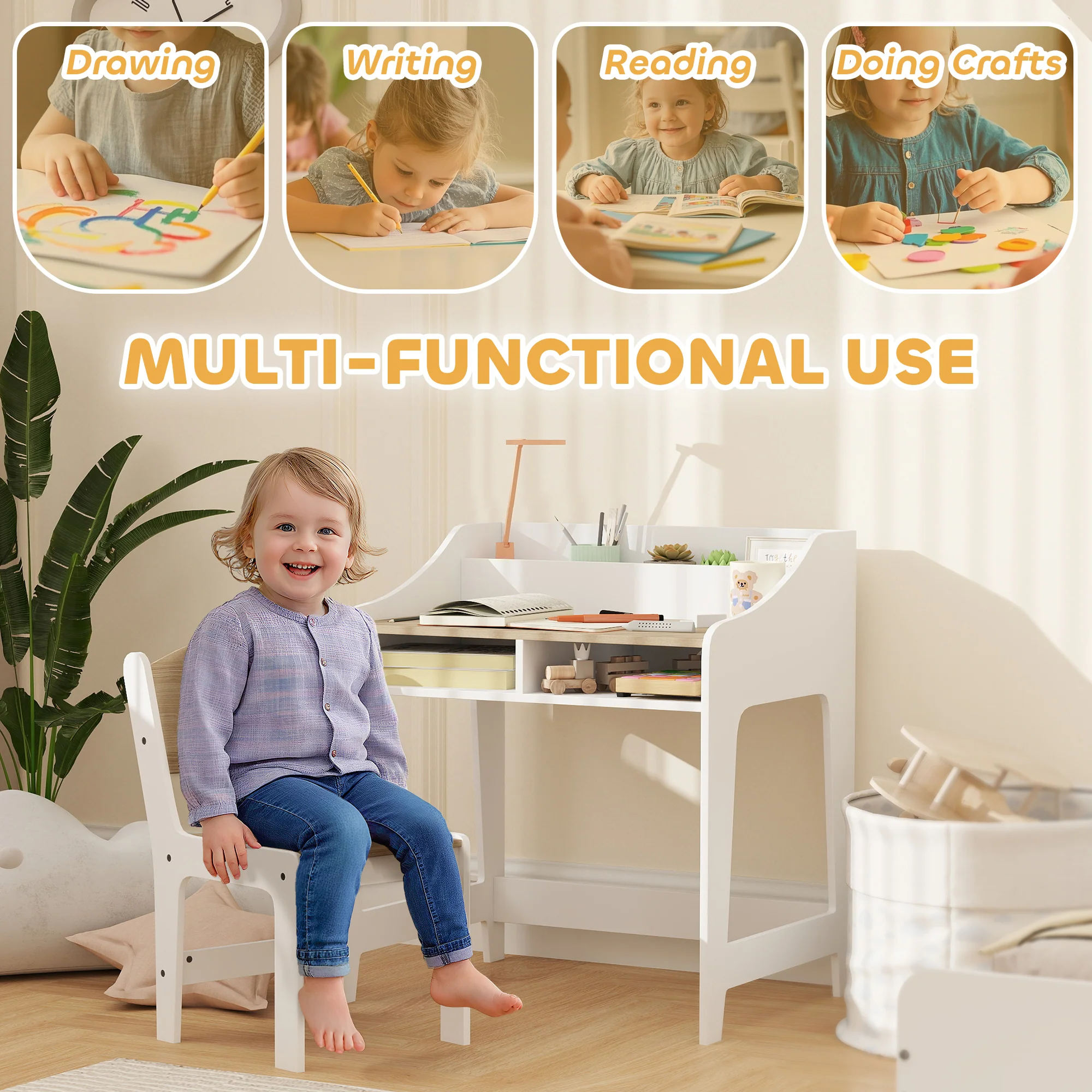 AIYAPLAY Kids Desk and Chair Set, Children Study Table with Storage, Natural - Image 3
