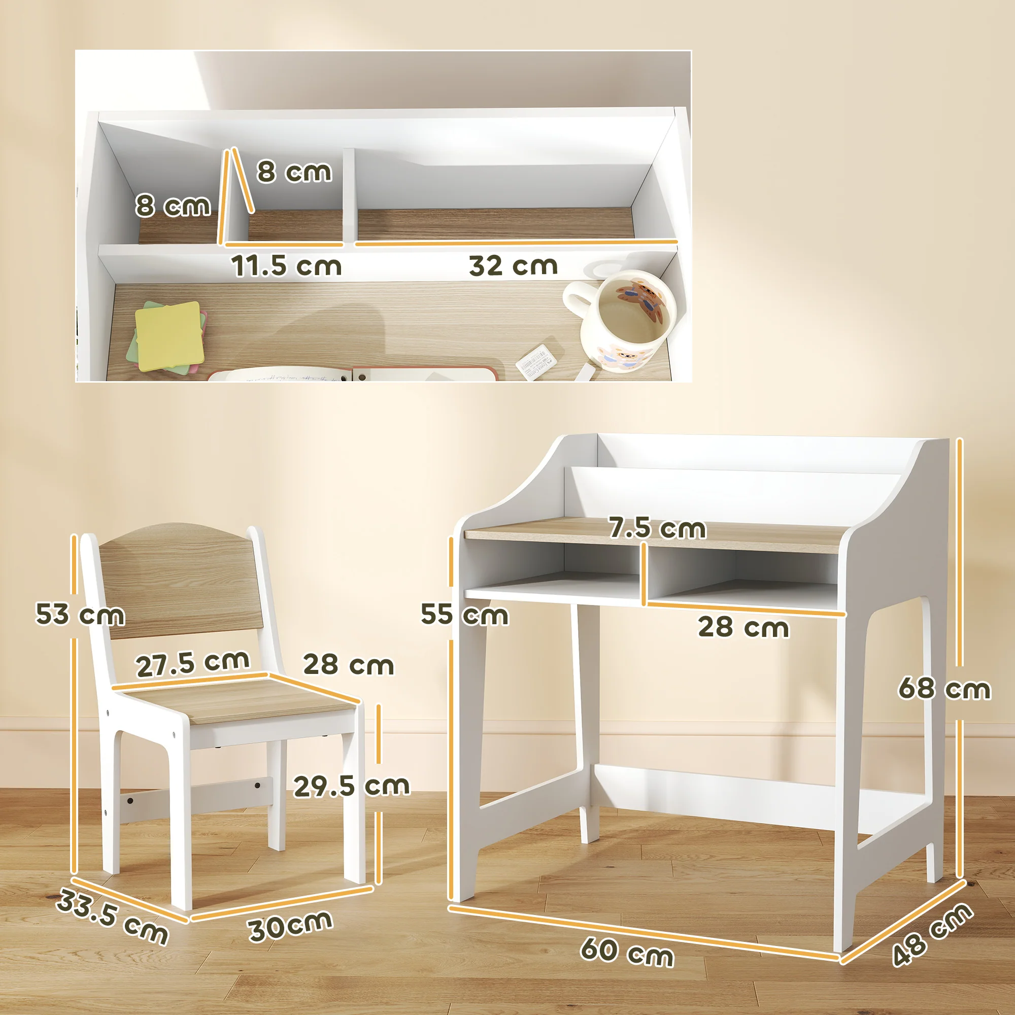 AIYAPLAY Kids Desk and Chair Set, Children Study Table with Storage, Natural - Image 5