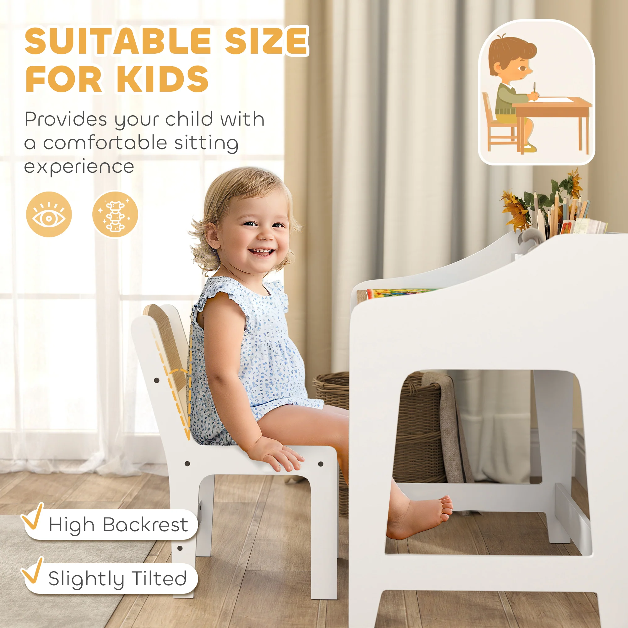 AIYAPLAY Kids Desk and Chair Set, Children Study Table with Storage, Natural - Image 6