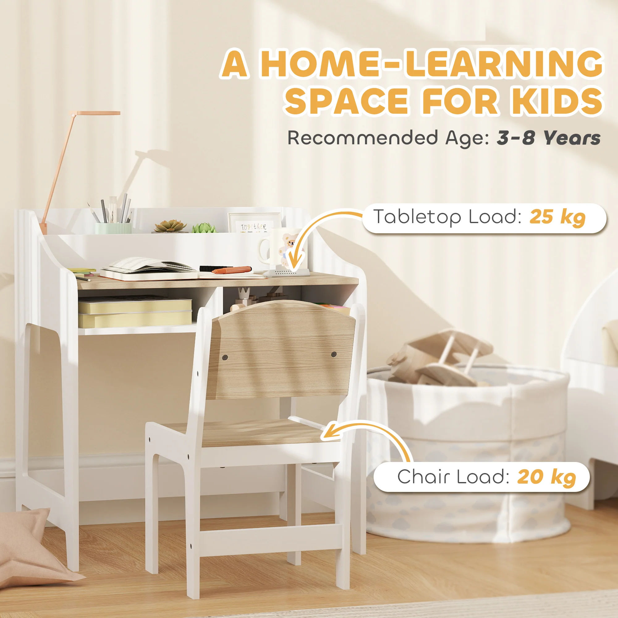 AIYAPLAY Kids Desk and Chair Set, Children Study Table with Storage, Natural - Image 8