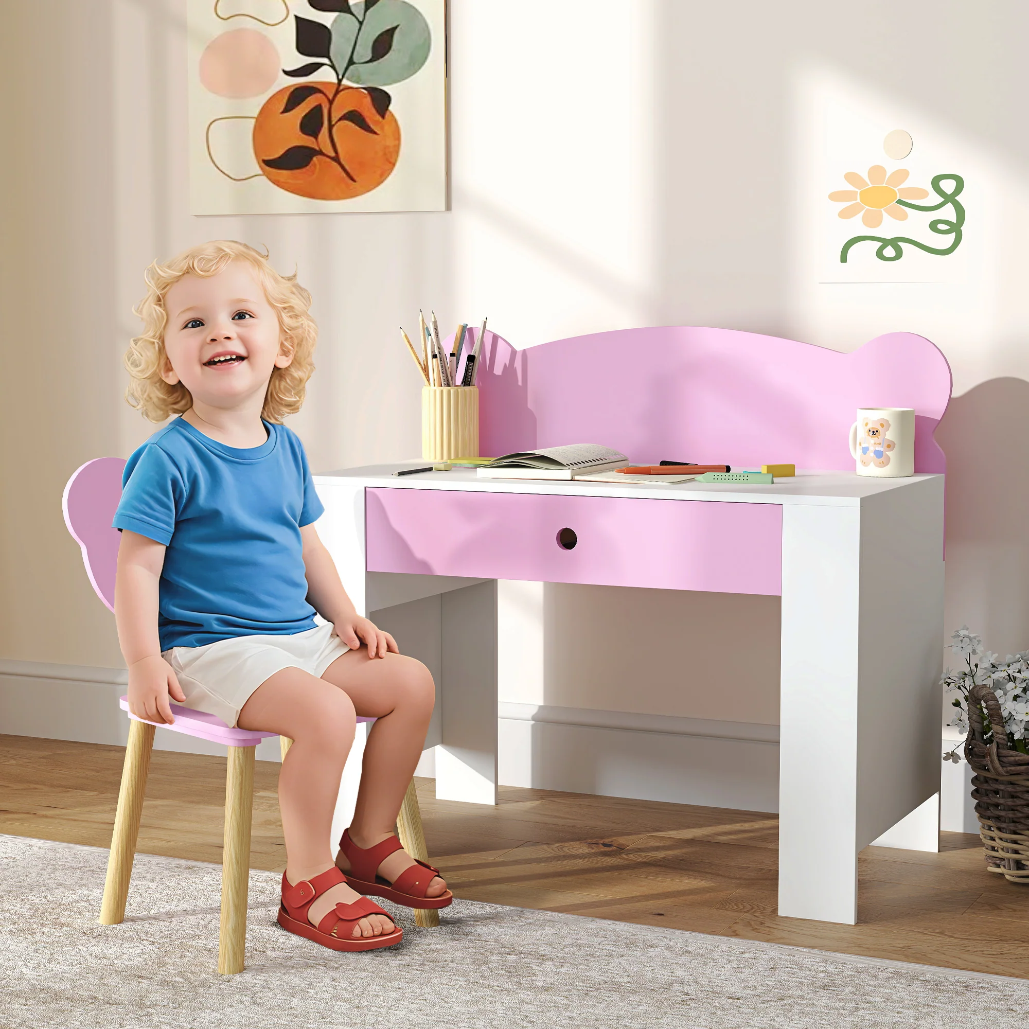 AIYAPLAY Kids Desk and Chair Set, Children Writing Table with Drawer, Pink - Image 2