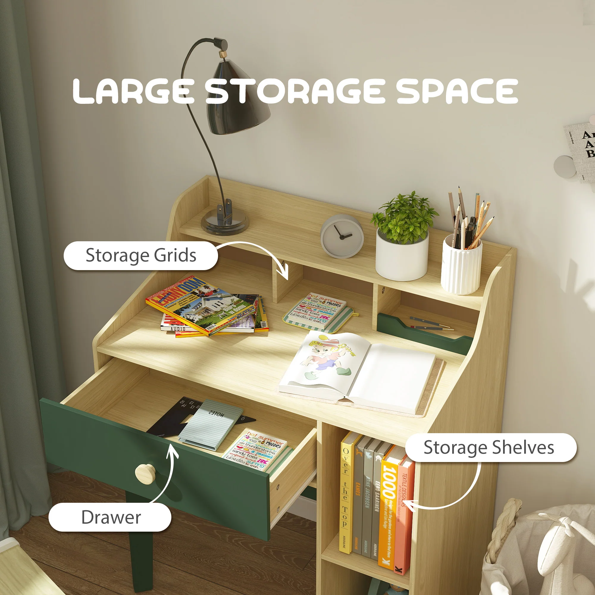 AIYAPLAY Kids Desk and Chair Set with Storage Shelves, Drawer, Green - Image 3