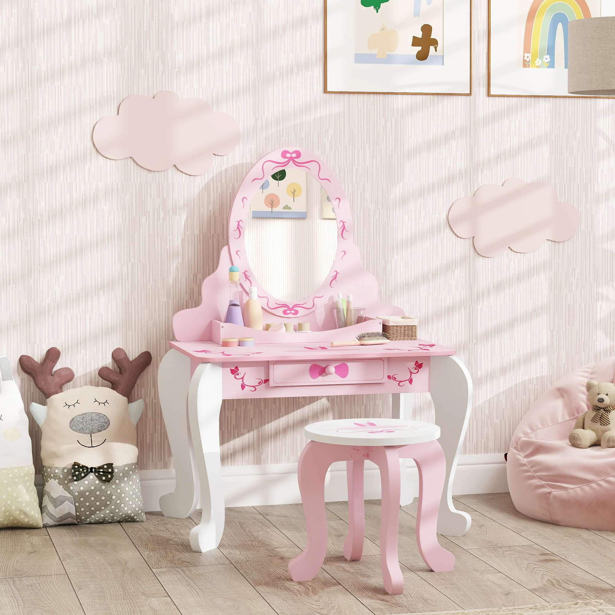 AIYAPLAY Kids Dressing Table Set, 2 PCS Children Vanity Table with Stool - Image 2