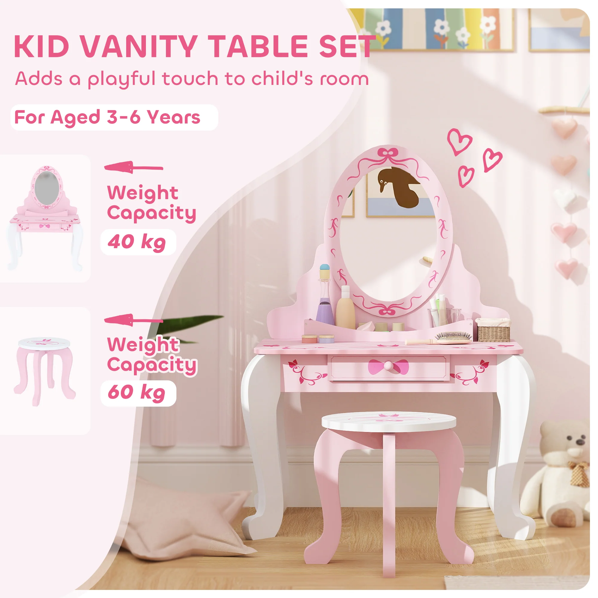 AIYAPLAY Kids Dressing Table Set, 2 PCS Children Vanity Table with Stool - Image 3