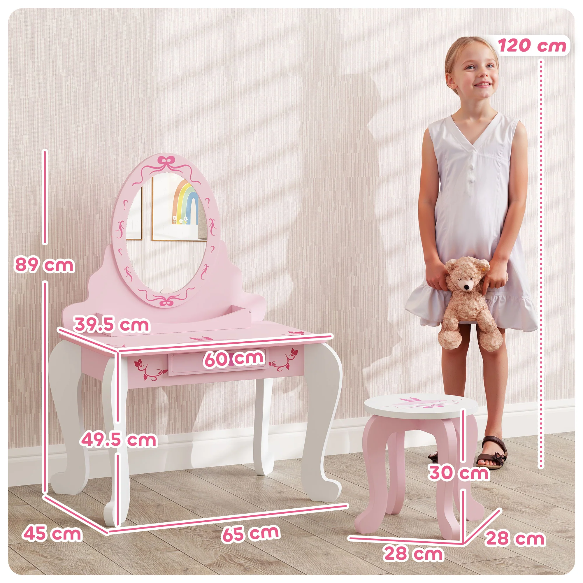 AIYAPLAY Kids Dressing Table Set, 2 PCS Children Vanity Table with Stool - Image 5