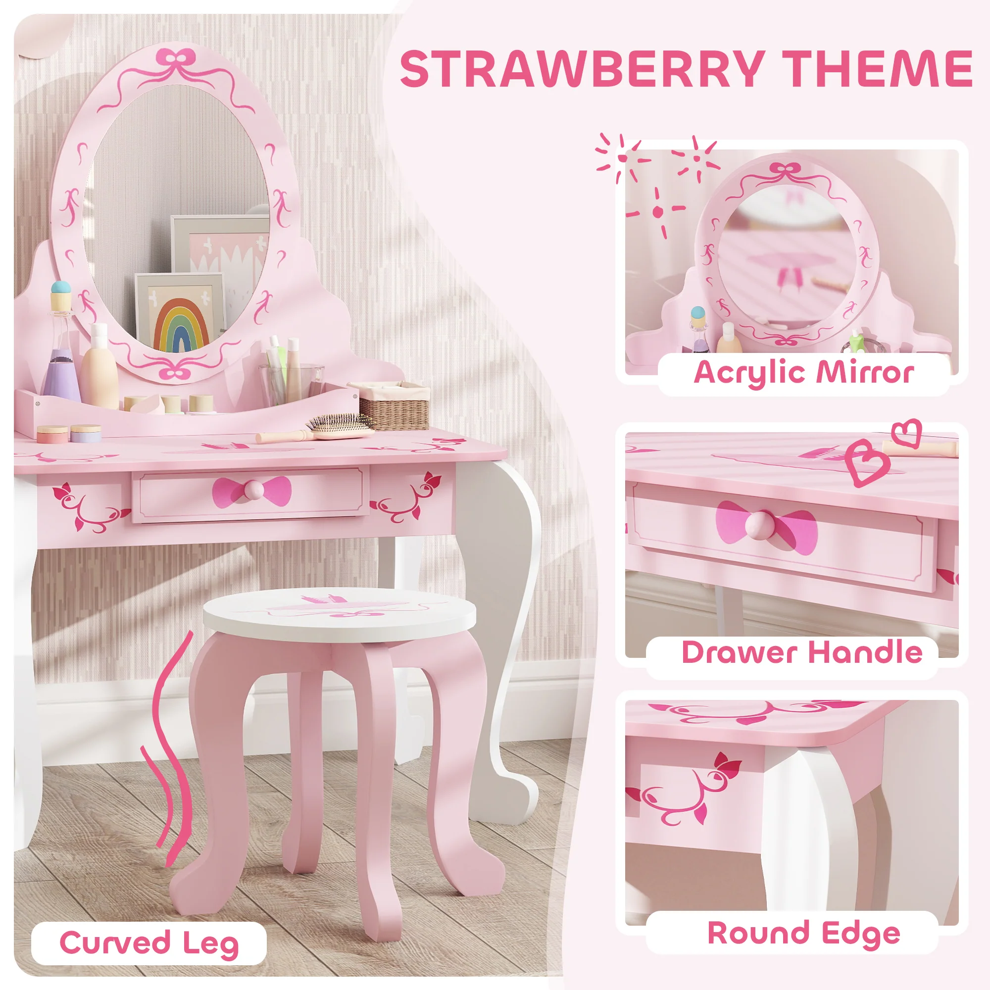 AIYAPLAY Kids Dressing Table Set, 2 PCS Children Vanity Table with Stool - Image 6