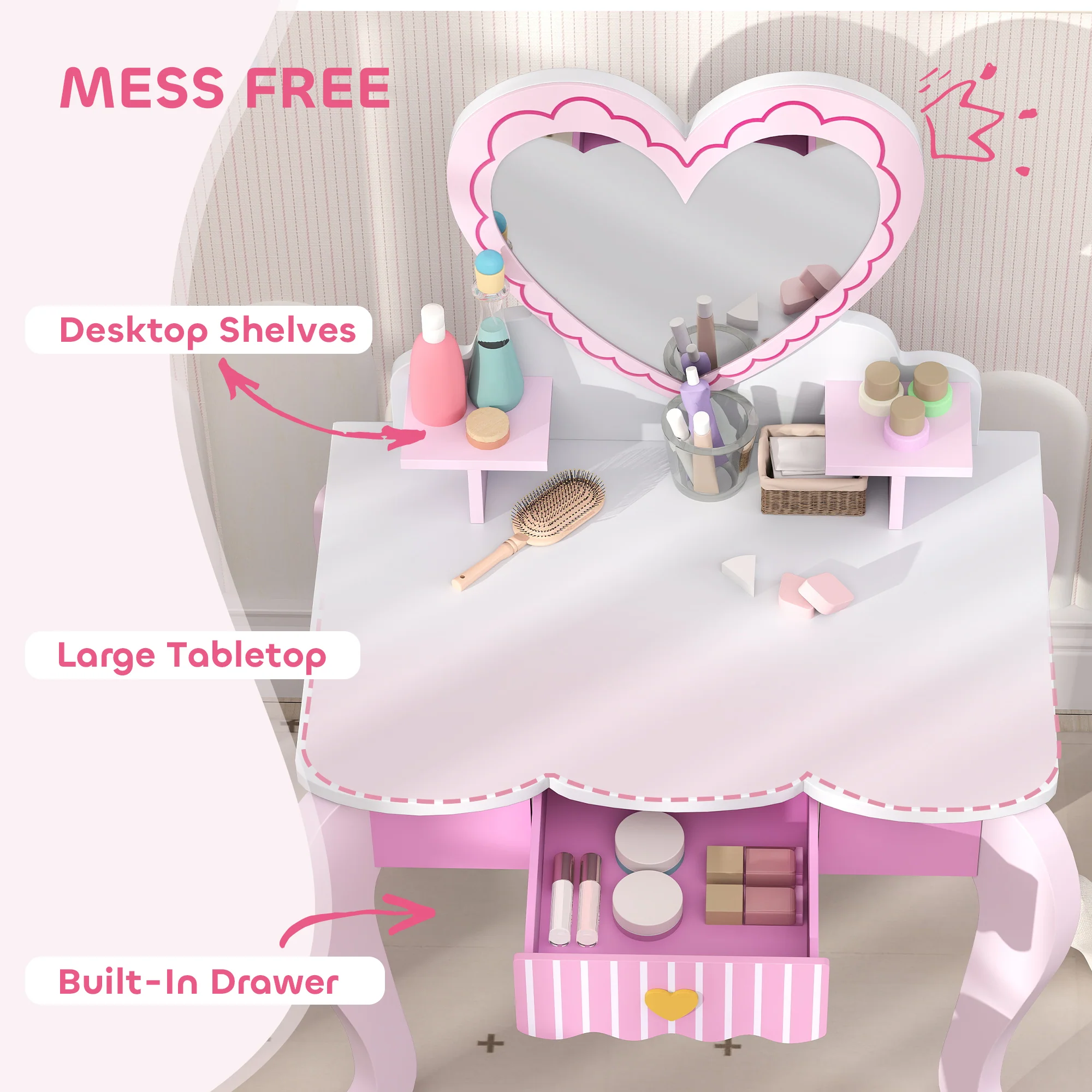 AIYAPLAY Kids Dressing Table Set, 2 PCS Children Vanity Table with Stool - Image 4