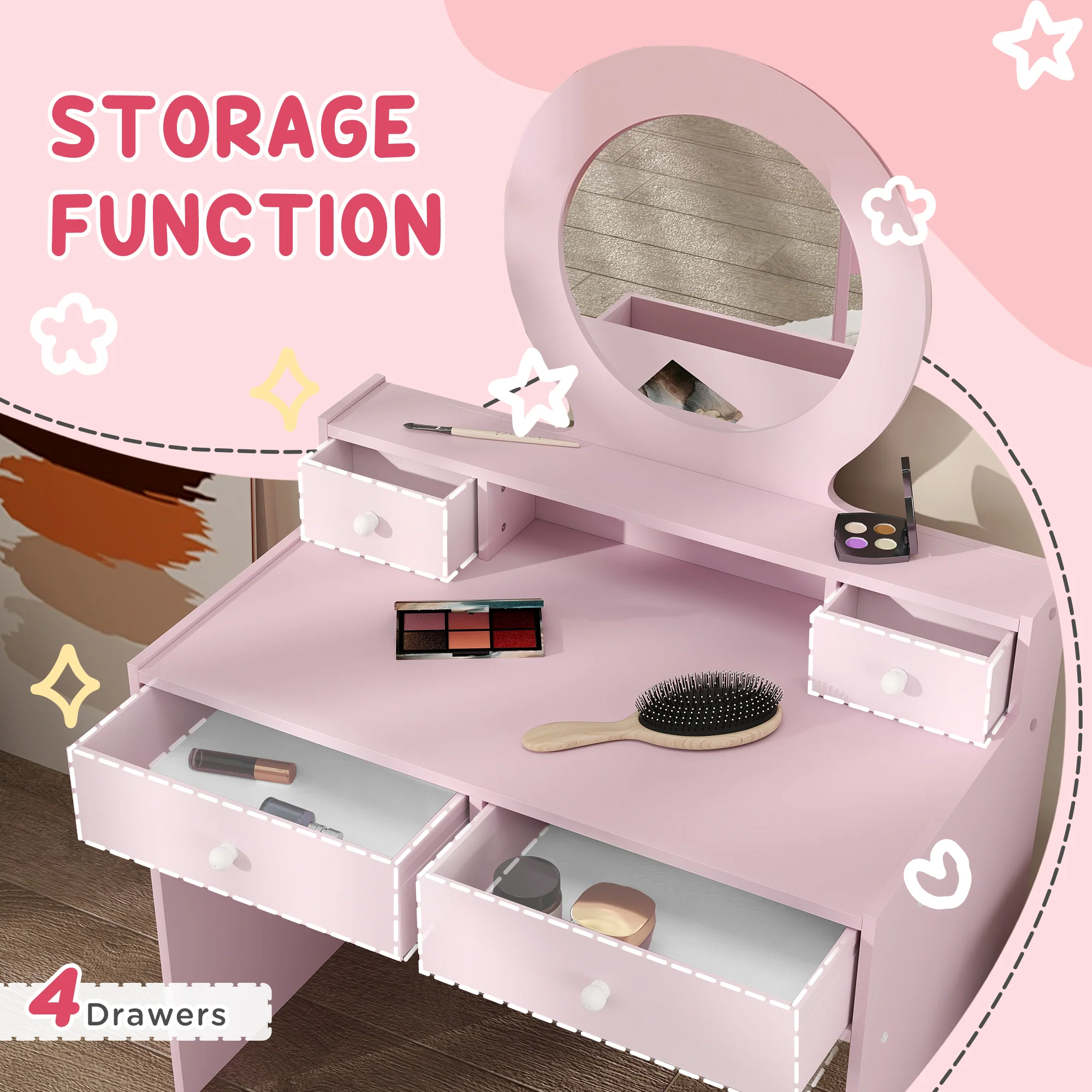 AIYAPLAY Kids Dressing Table Set W/ Stool, Mirror, Drawers - Pink - Image 4