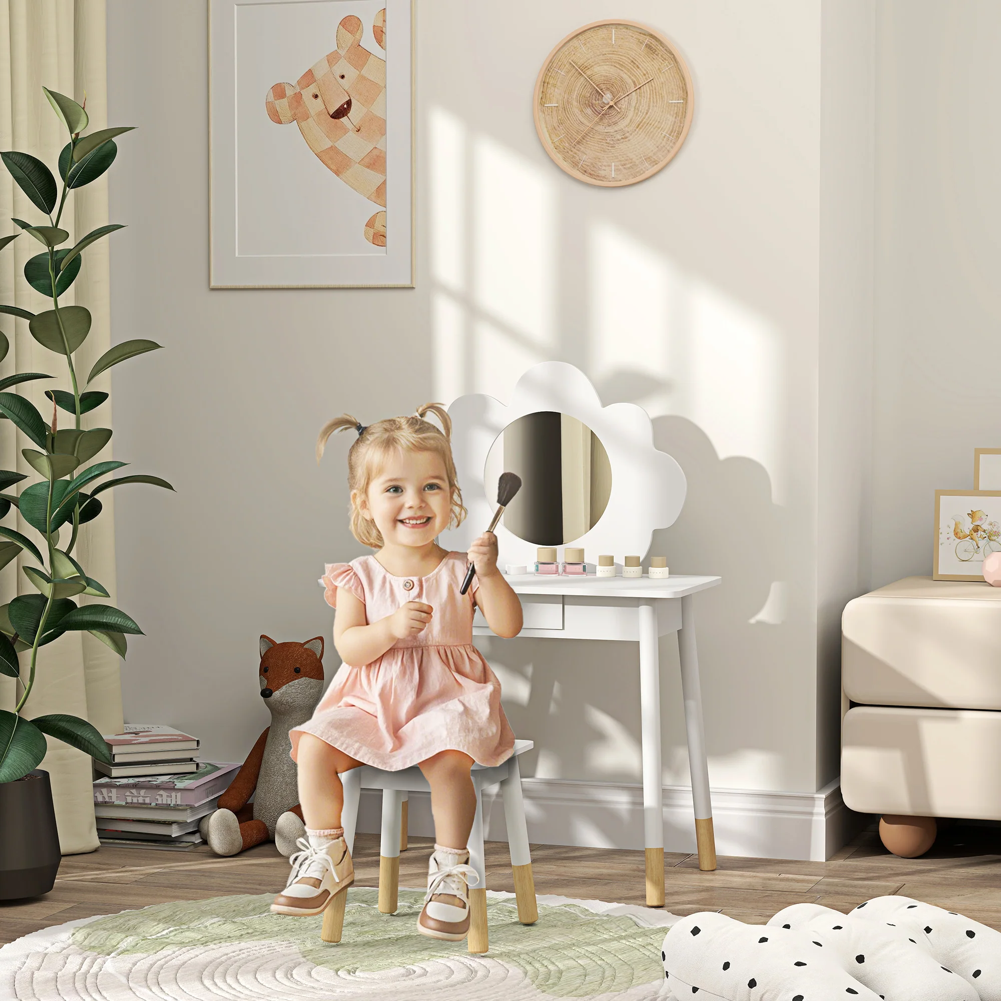 AIYAPLAY Kids Dressing Table with Mirror and Stool, Drawer, Cloud Design - Image 2