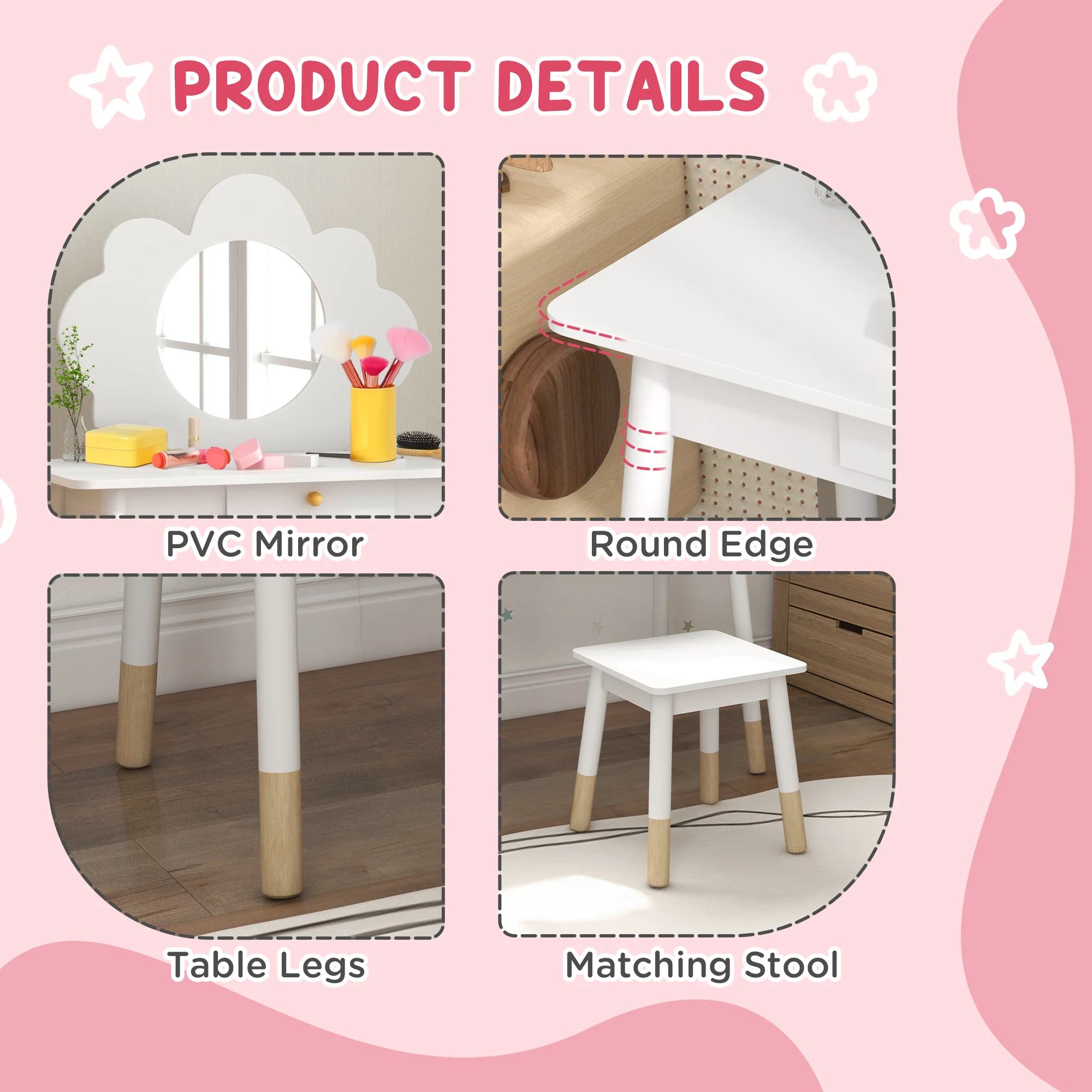 AIYAPLAY Kids Dressing Table with Mirror and Stool, Drawer, Cloud Design - Image 6