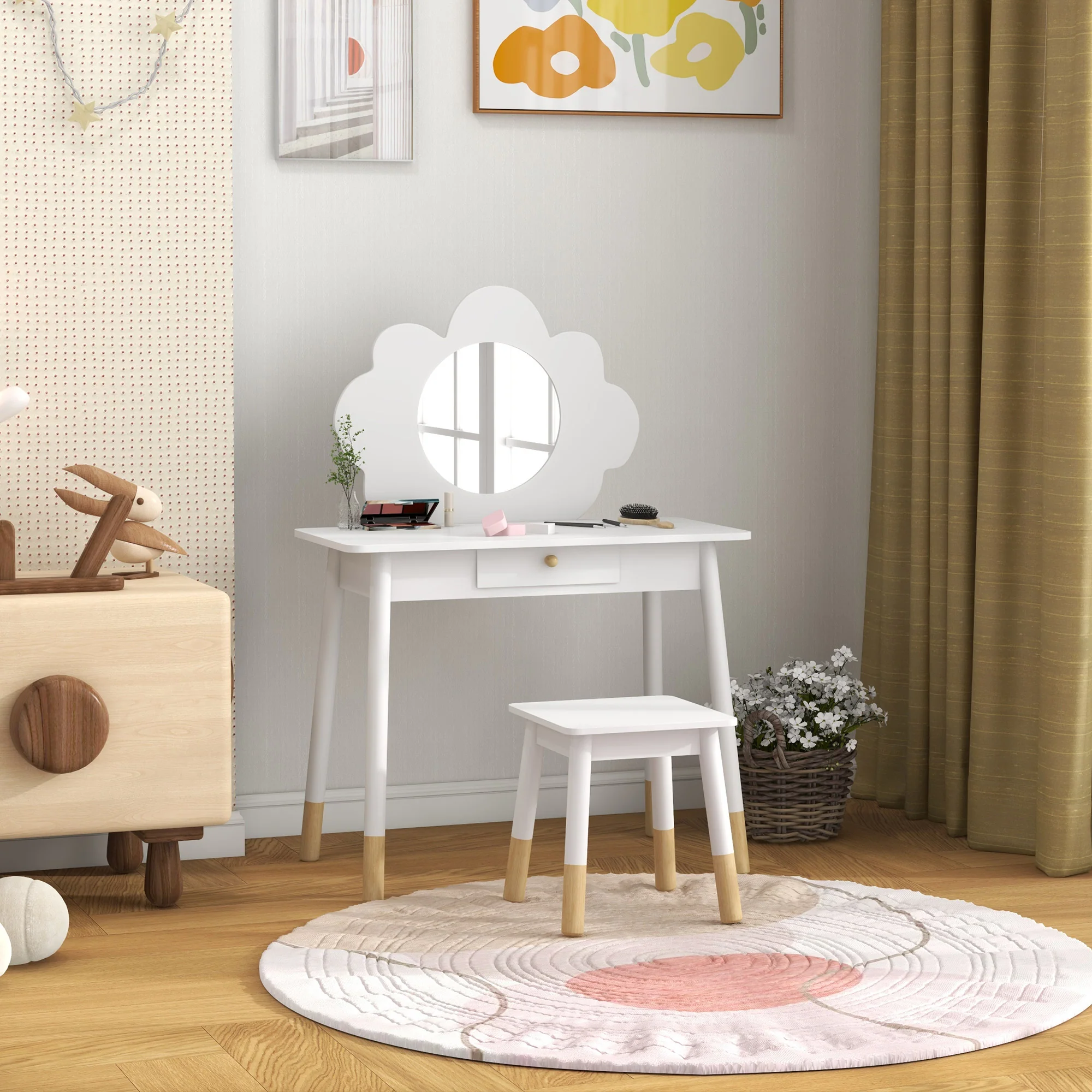 AIYAPLAY Kids Dressing Table with Mirror and Stool, Drawer, Cloud Design - Image 7