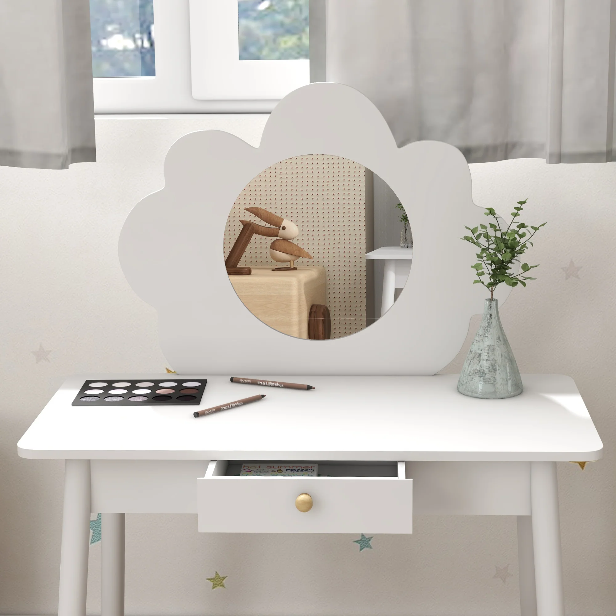 AIYAPLAY Kids Dressing Table with Mirror and Stool, Drawer, Cloud Design - Image 8