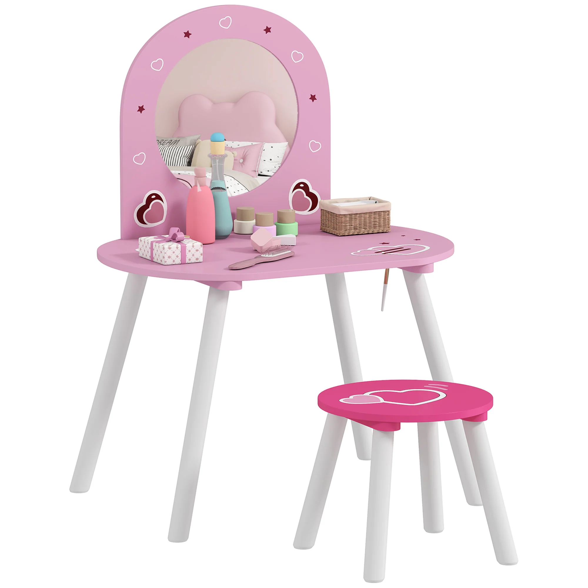 AIYAPLAY Kids Dressing Table With Mirror And Stool, Girls Vanity Set, Pink