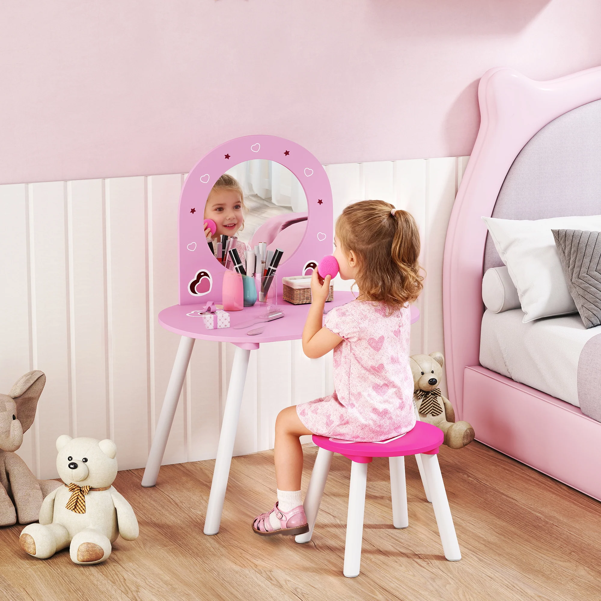 AIYAPLAY Kids Dressing Table With Mirror And Stool, Girls Vanity Set, Pink - Image 2