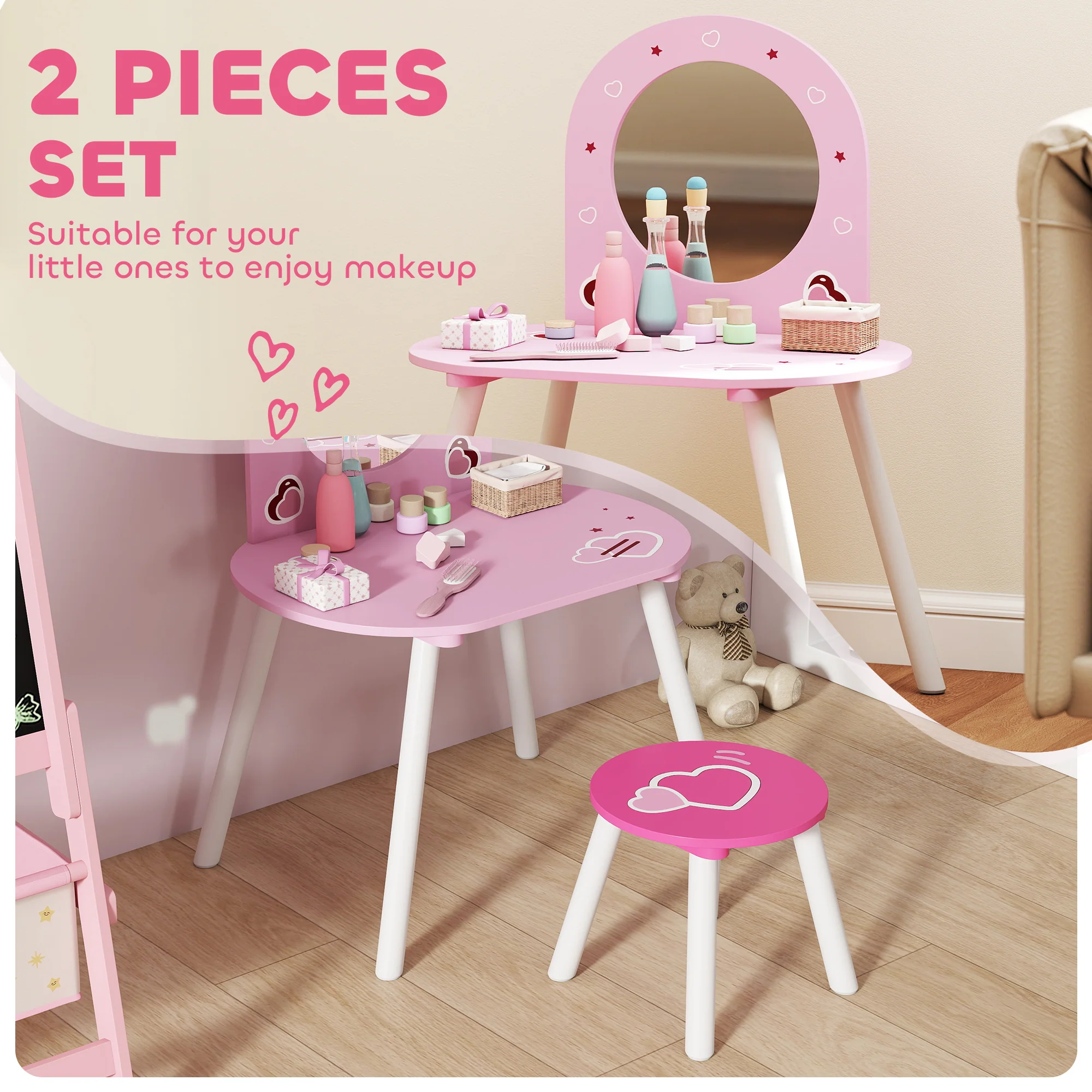 AIYAPLAY Kids Dressing Table With Mirror And Stool, Girls Vanity Set, Pink - Image 3