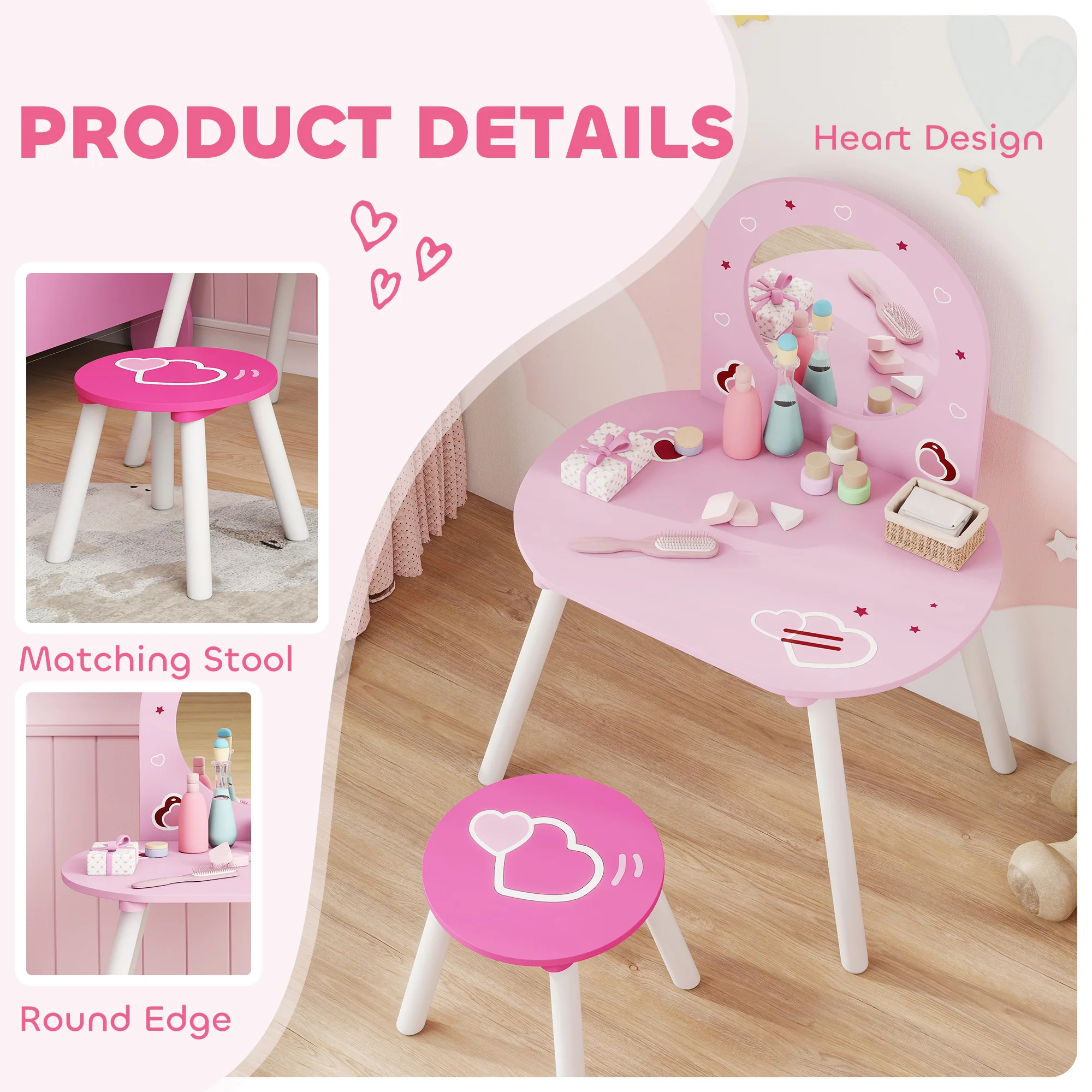 AIYAPLAY Kids Dressing Table With Mirror And Stool, Girls Vanity Set, Pink - Image 4