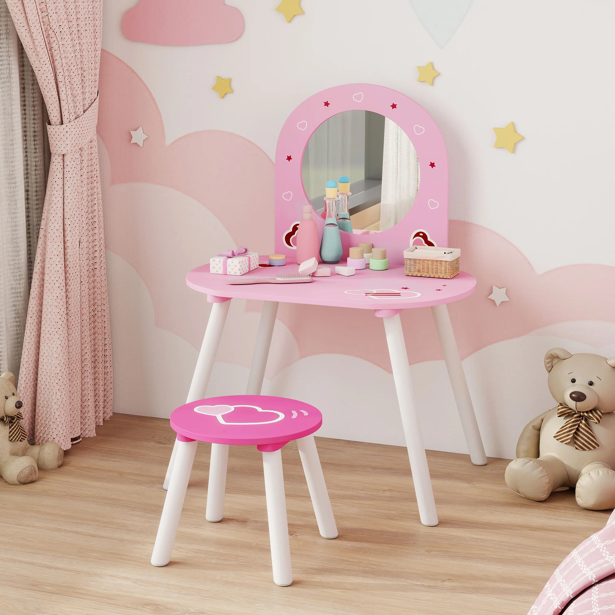 AIYAPLAY Kids Dressing Table With Mirror And Stool, Girls Vanity Set, Pink - Image 8
