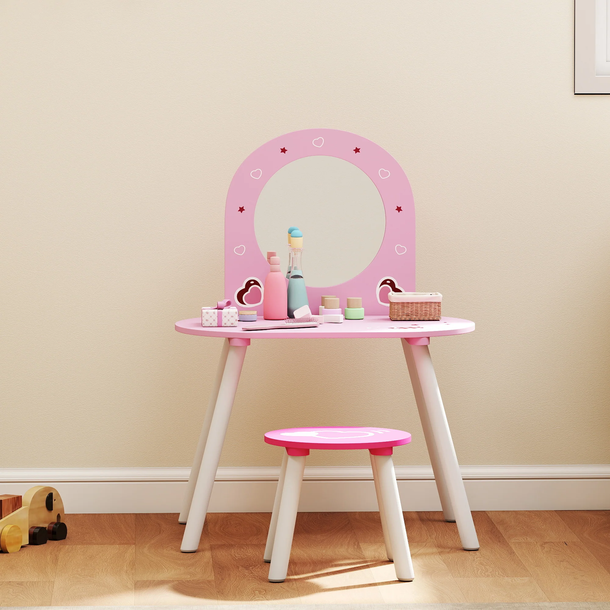 AIYAPLAY Kids Dressing Table With Mirror And Stool, Girls Vanity Set, Pink - Image 9