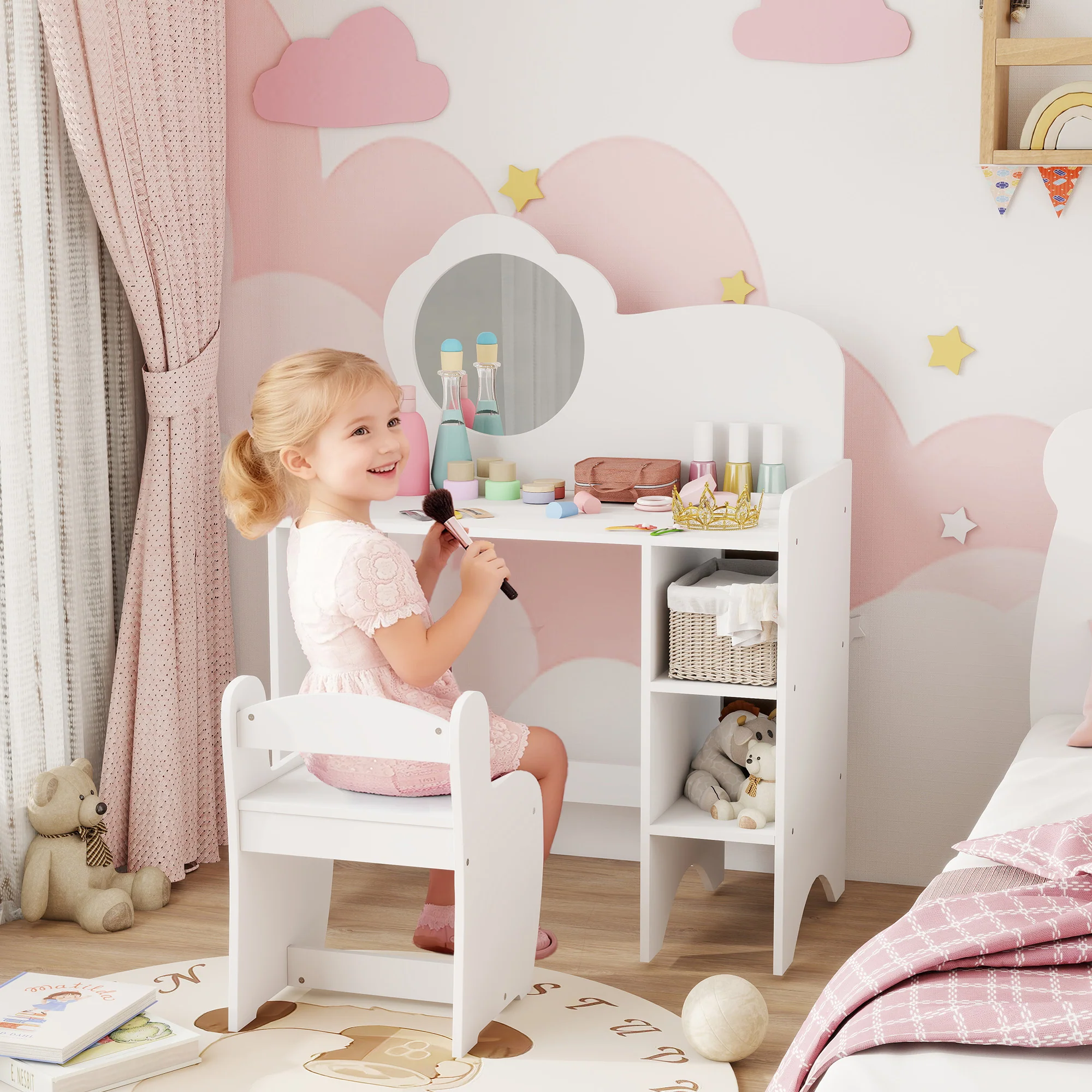 AIYAPLAY Kids Dressing Table With Mirror, Stool, Vanity Table, White - Image 2