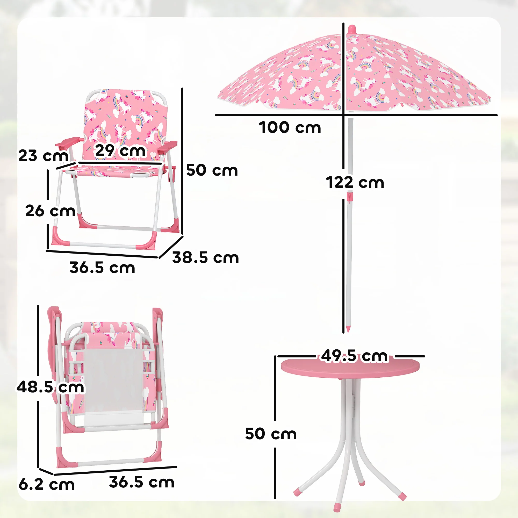 AIYAPLAY Kids Garden Furniture With 2 Folding Chairs And Umbrella, Pink - Image 5