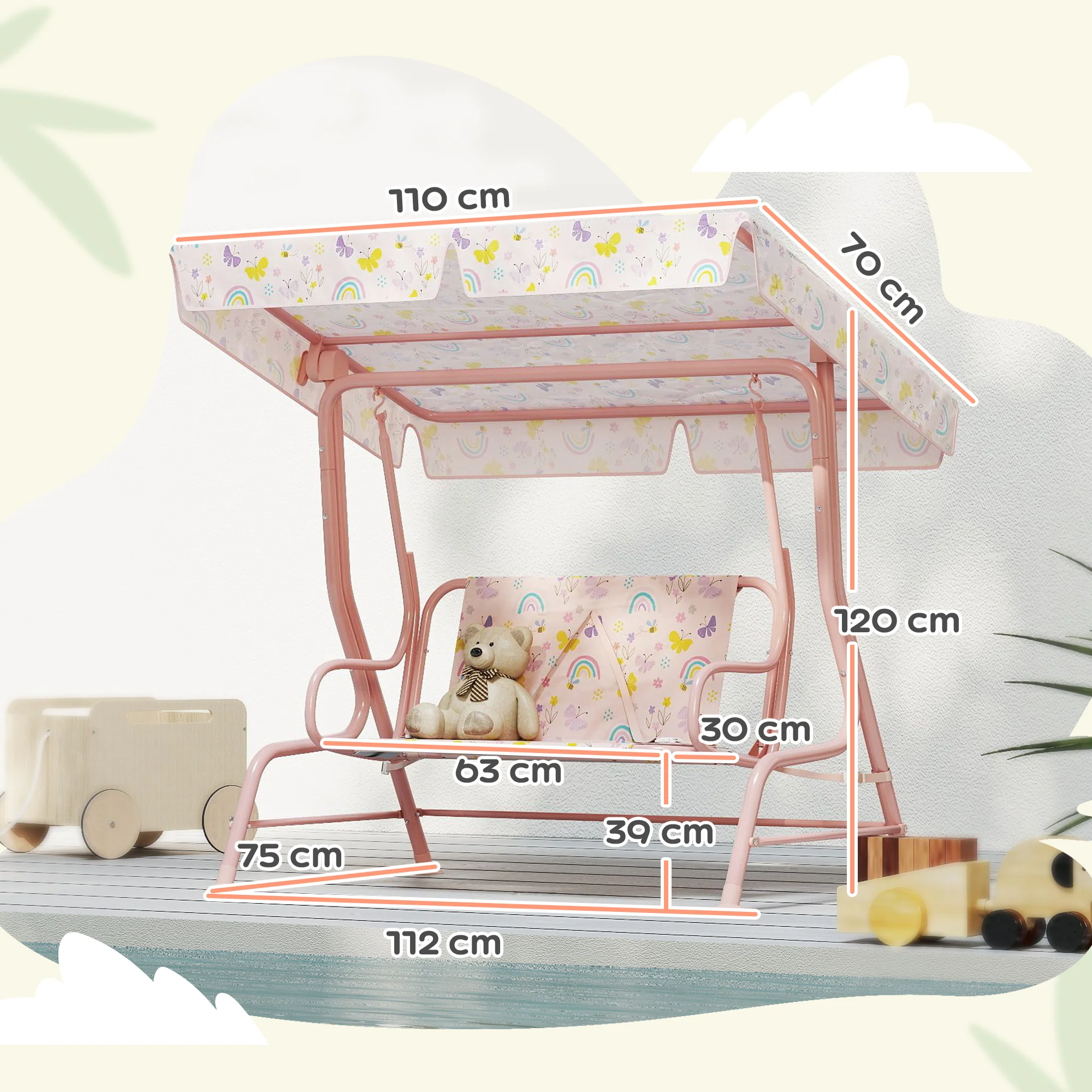 AIYAPLAY Kids Garden Swing Chair, Swing Seat With Adjustable Canopy, Pink - Image 5