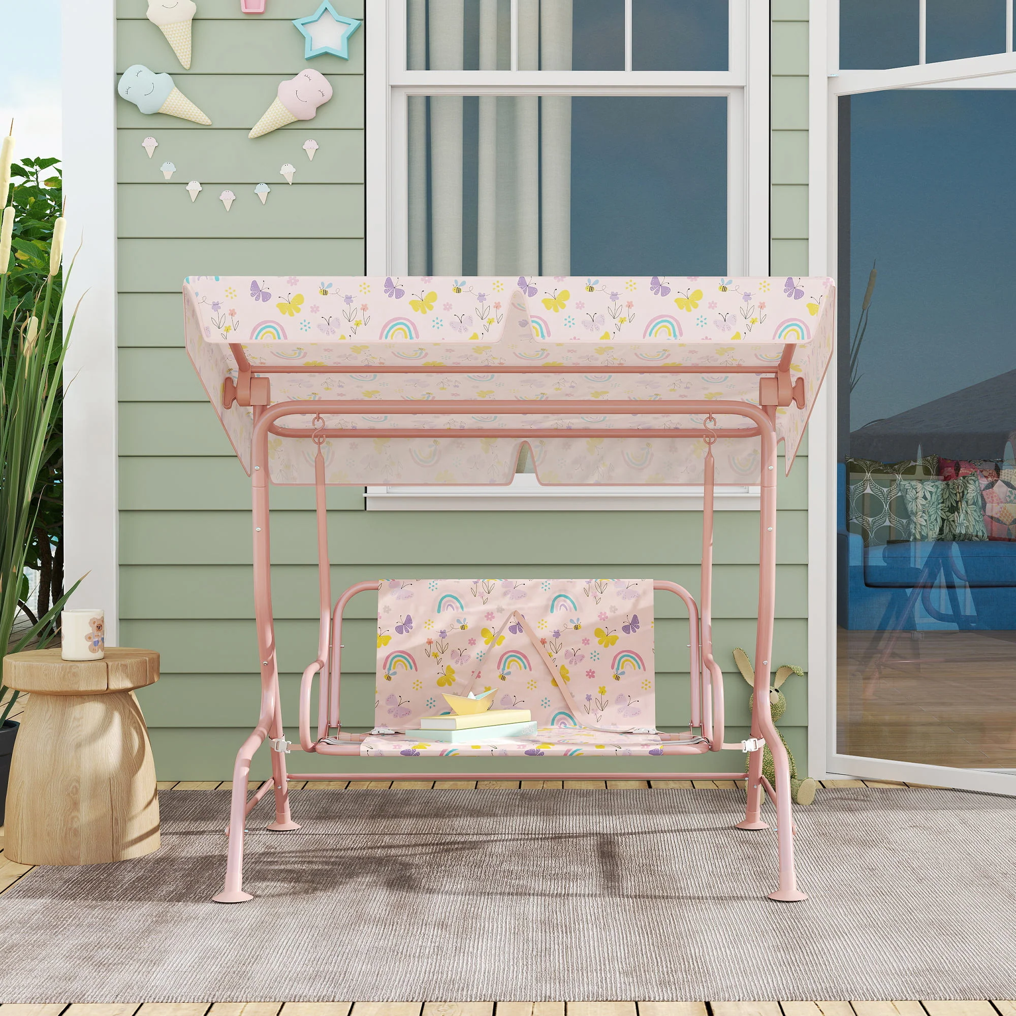 AIYAPLAY Kids Garden Swing Chair, Swing Seat With Adjustable Canopy, Pink - Image 8