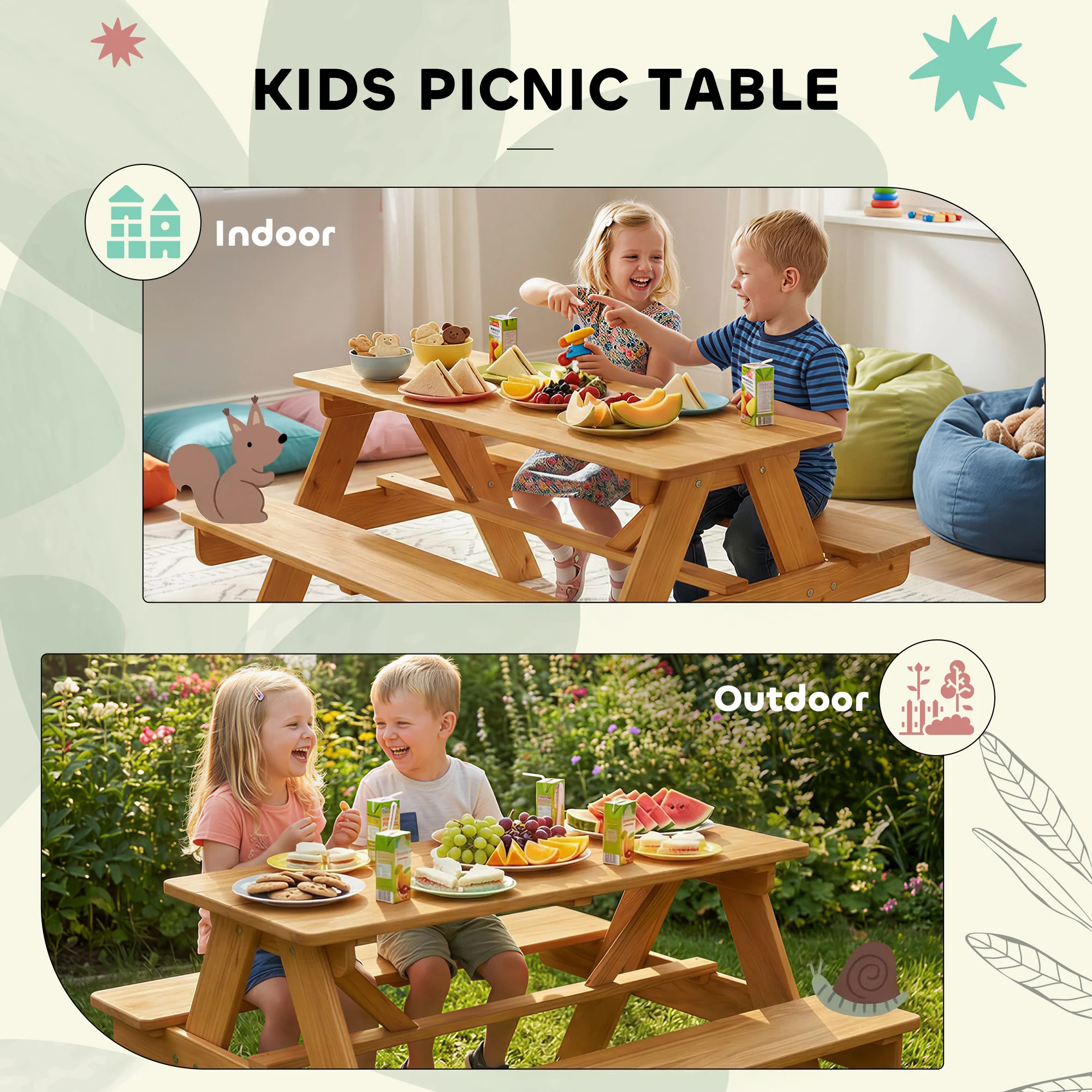 AIYAPLAY Kids Picnic Table Outdoor Wooden Natural Wood - Image 3