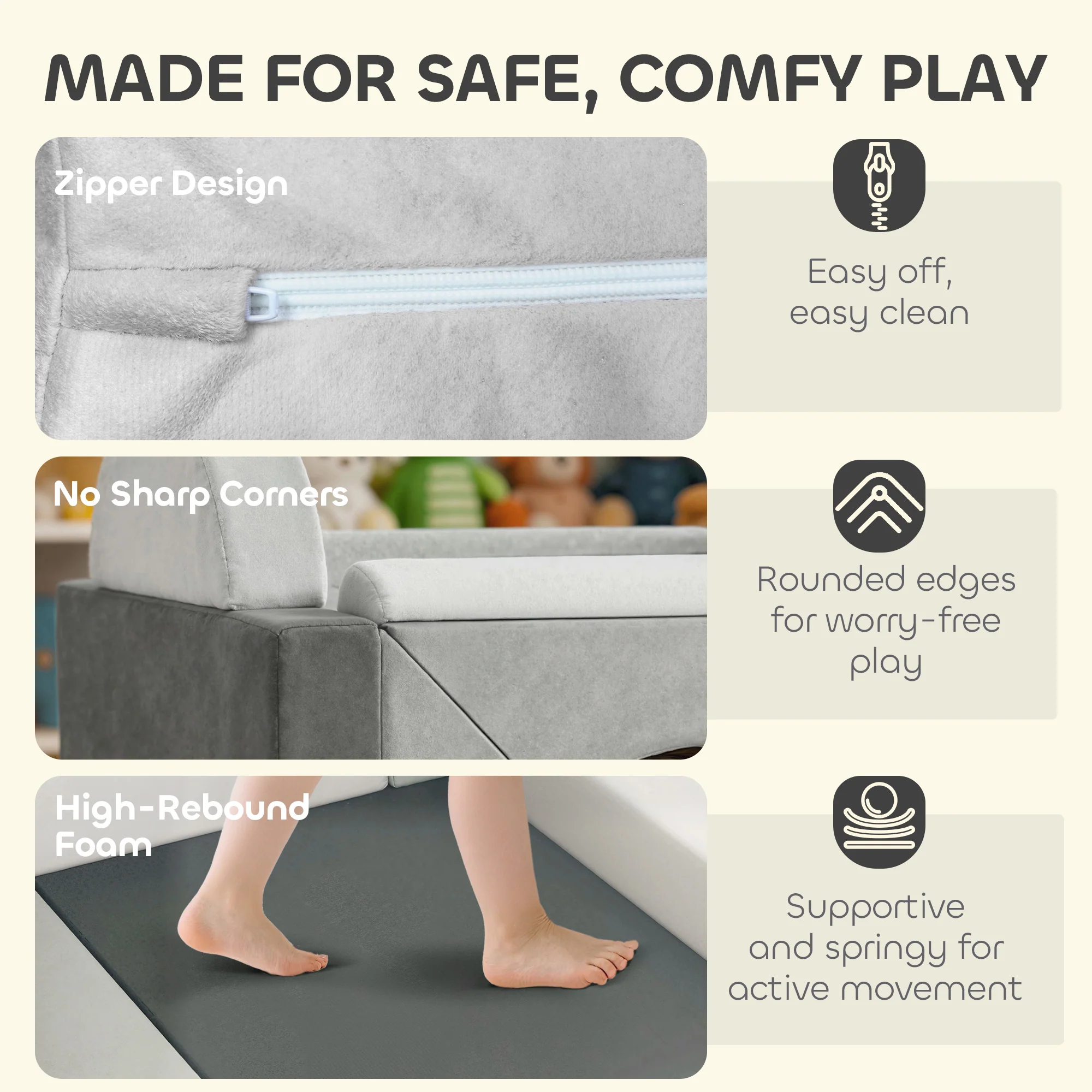 AIYAPLAY Kids Play Sofa, 12 Pieces Foam Modular Convertible Sofa, Grey - Image 4