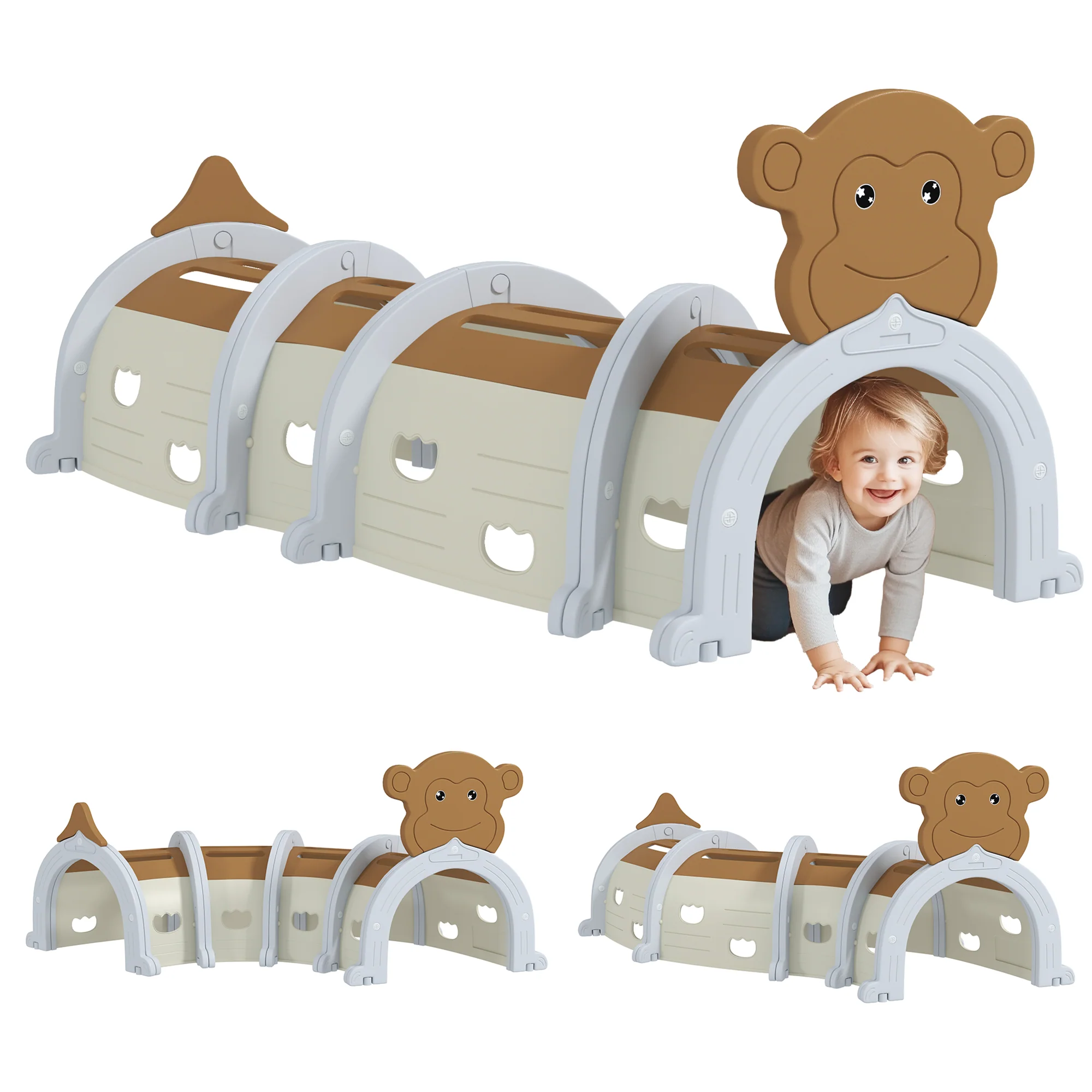 AIYAPLAY Kids Play Tunnel For Crawl And Climb, Monkey Design, Brown