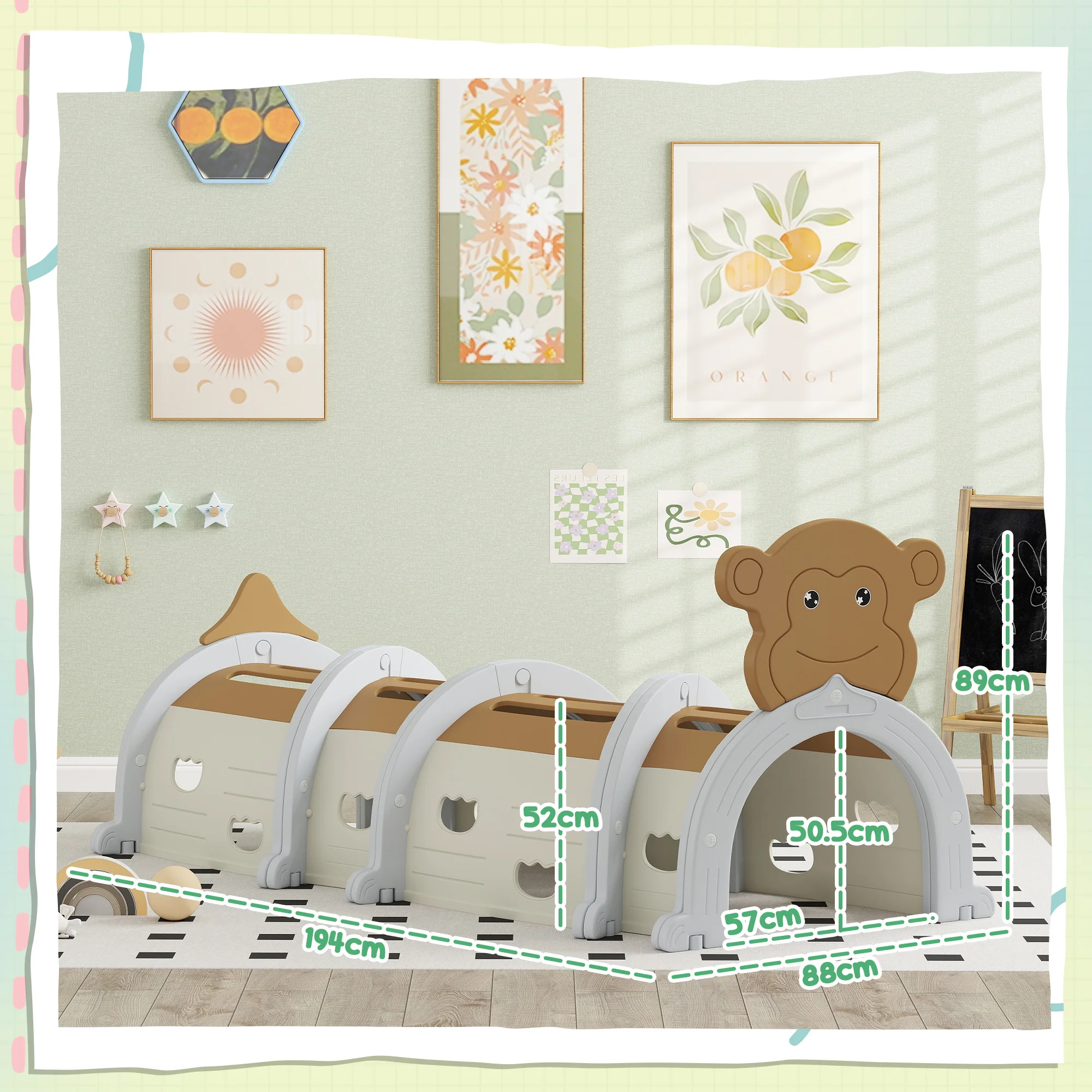 AIYAPLAY Kids Play Tunnel For Crawl And Climb, Monkey Design, Brown - Image 5