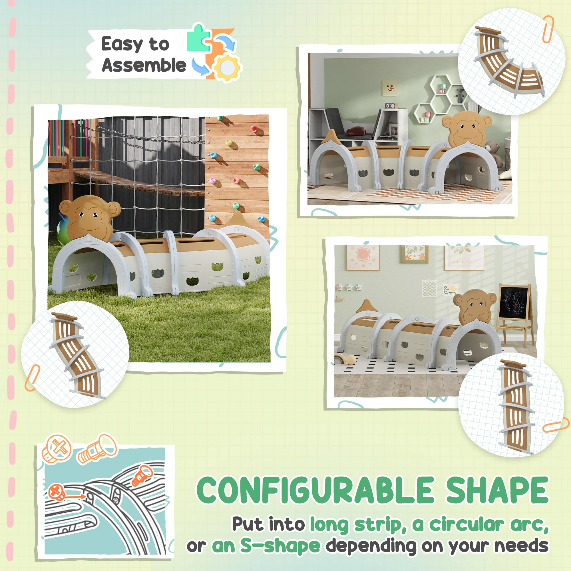 AIYAPLAY Kids Play Tunnel For Crawl And Climb, Monkey Design, Brown - Image 6