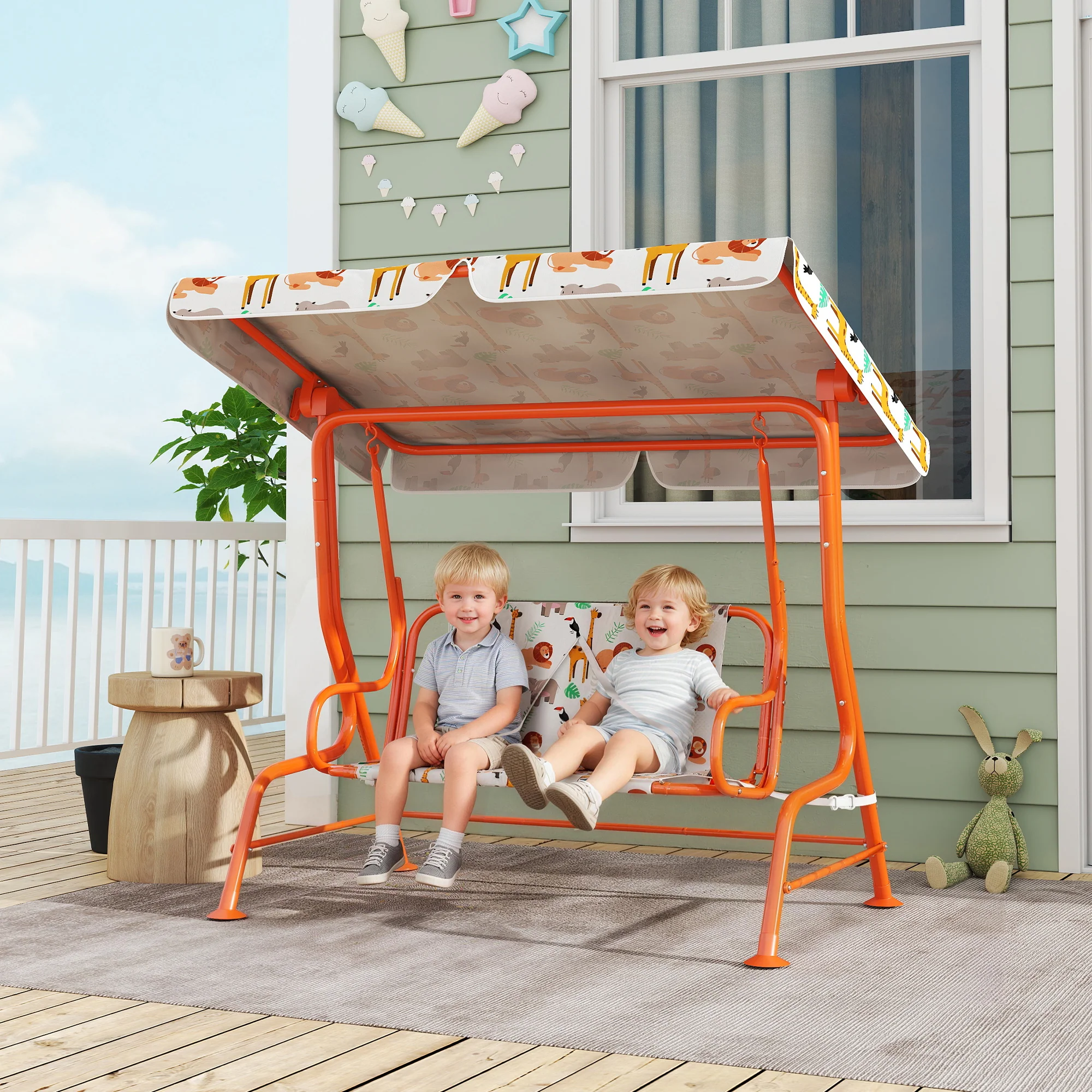 AIYAPLAY Kids Porch Swing with Seat Belts, Adjustable Canopy, Orange - Image 2